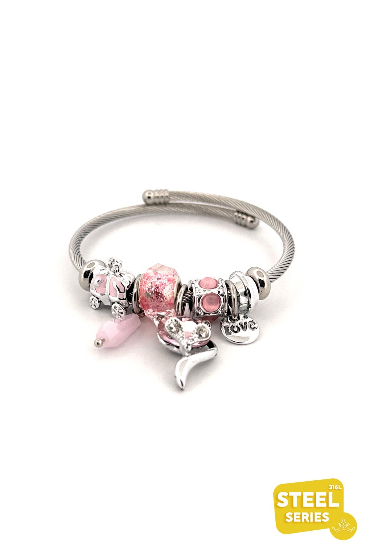 Pembe Kristal Taşlı Kedi Charm Sallantılı Bileklik ABL6135