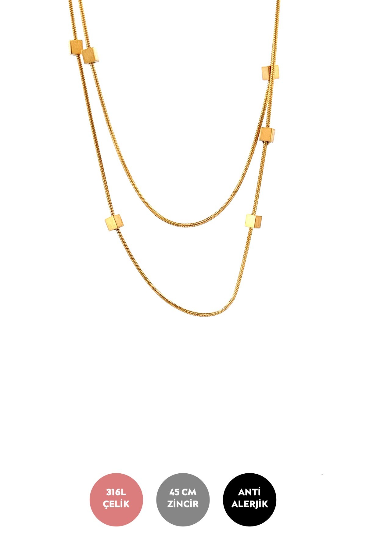 Gold Çift Boru Zincir Tasarım Minimal Küp Detay Çelik Kolye 45 cm AKL3594