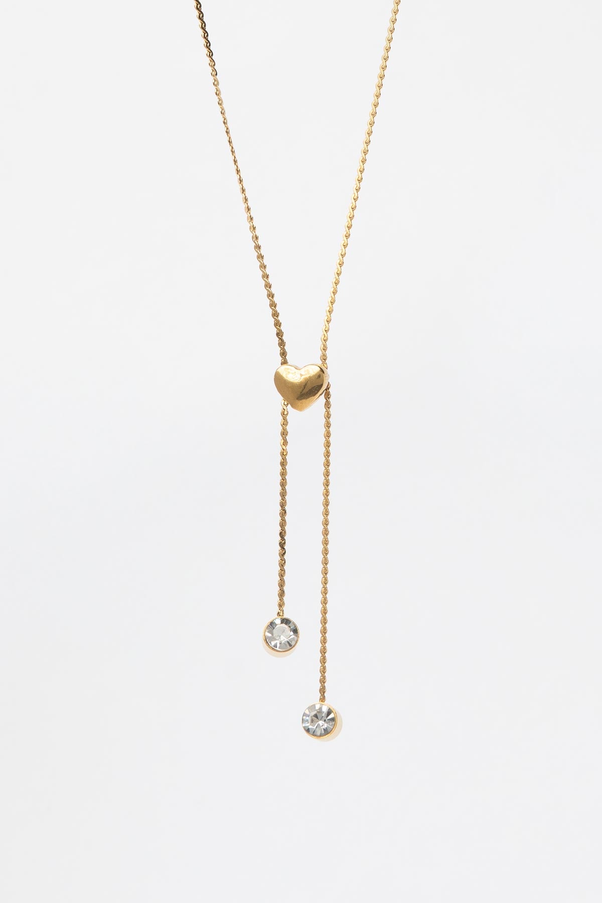 Gold Minimal Ezme Zincir Tasarım Dolgulu Mini Kalp Ve Çift Tektaş Sallantılı 45cm Çelik Kolye AKL4199