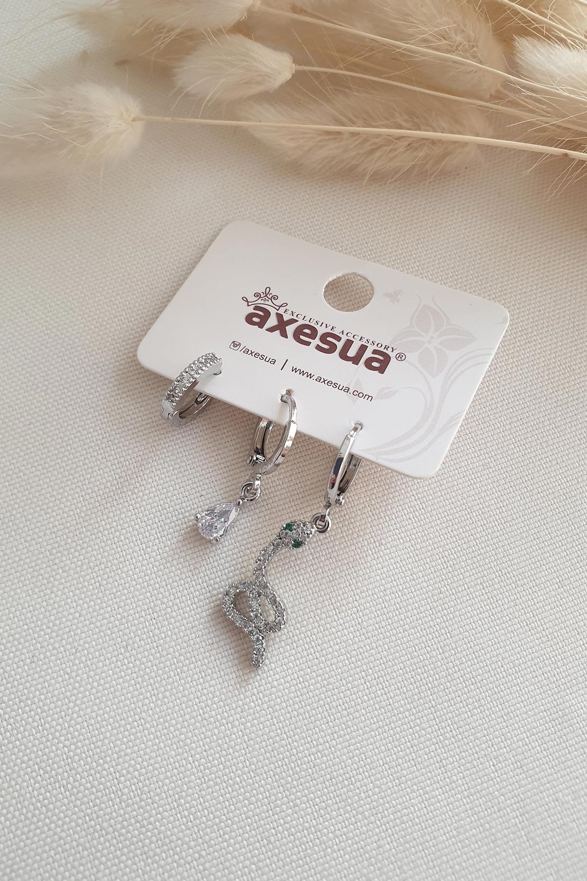 Silver Green Eyes Snake Çoklu Küpe Seti Ake3833
