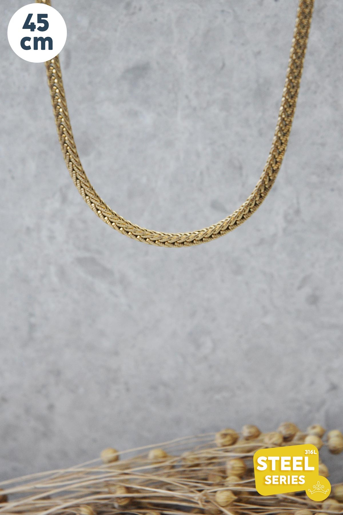 Gold Kalın Örgü Zincir 45cm Çelik Kolye AKL2636