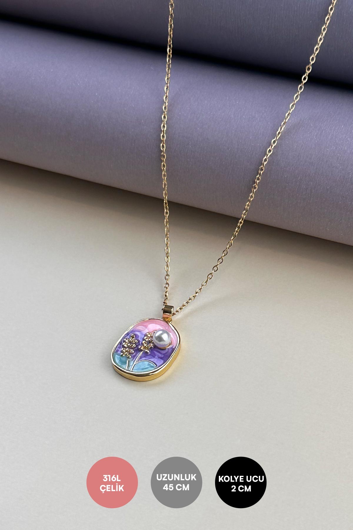 Gold Minimal Zincir Pembe Turkuaz Mor Mineli İncili Başak Figürlü Asimetrik Tasarım Madalyon Çelik Kolye 45 cm AKL4064