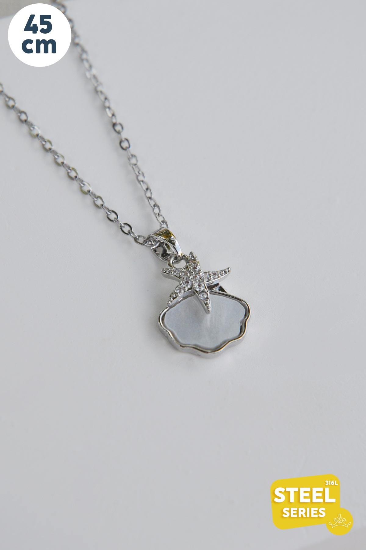 Silver Minimal Zincir Sedef Detay Deniz Kabuğu Ve Zirkon Yıldız Çelik Kolye 45 cm AKL3107