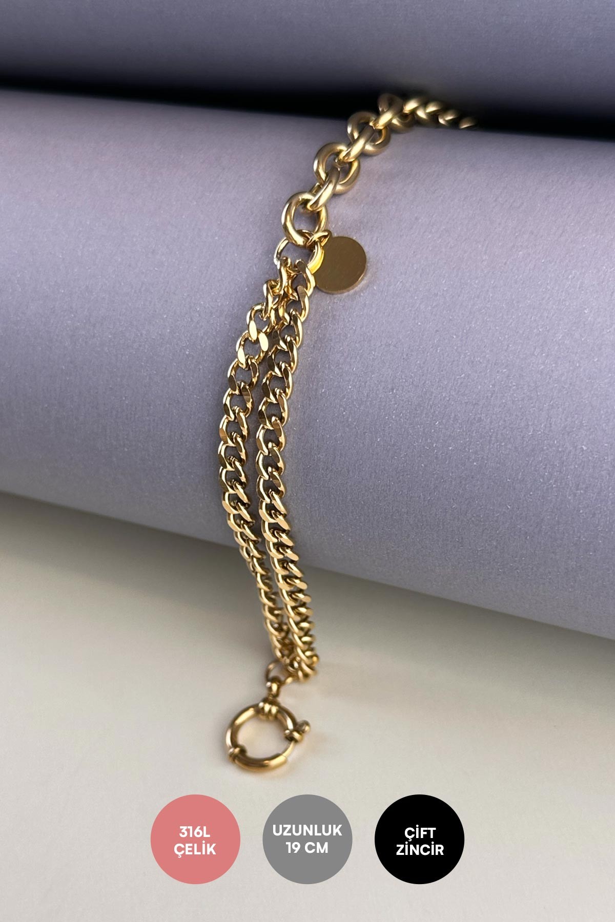 Gold Casual Çift Zincir Minimal Pul Sallantılı Çelik Bileklik ABL7049
