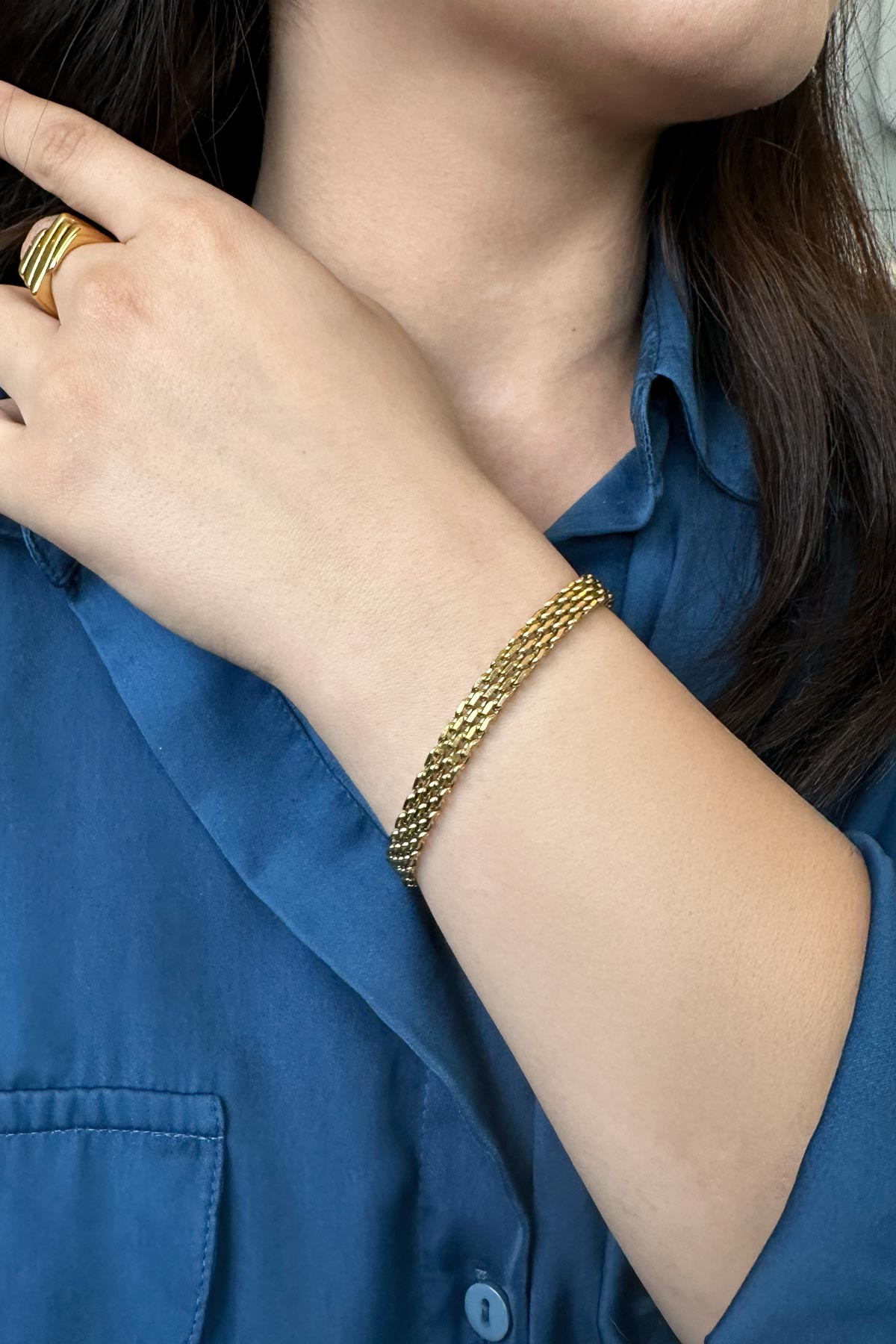 Gold Beşli Sıra Hasır Zincir Tasarım Çelik Bileklik ABL7054