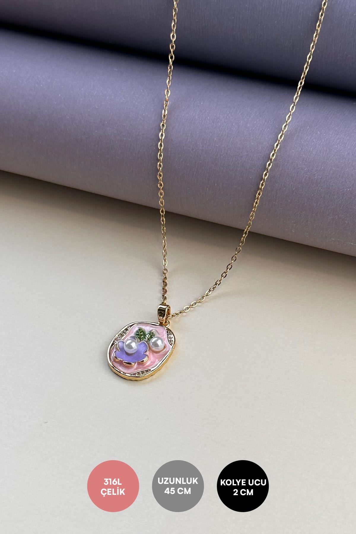 Gold Minimal Zincir Pembe Mineli Minimal İncili Mor Çiçek Madalyon Tasarım Çelik Kolye 45 cm AKL4062