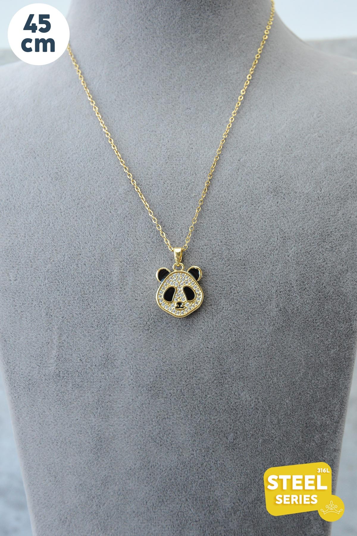 Gold Zirkon Taş Detay Panda Çelik Kolye AKL2493