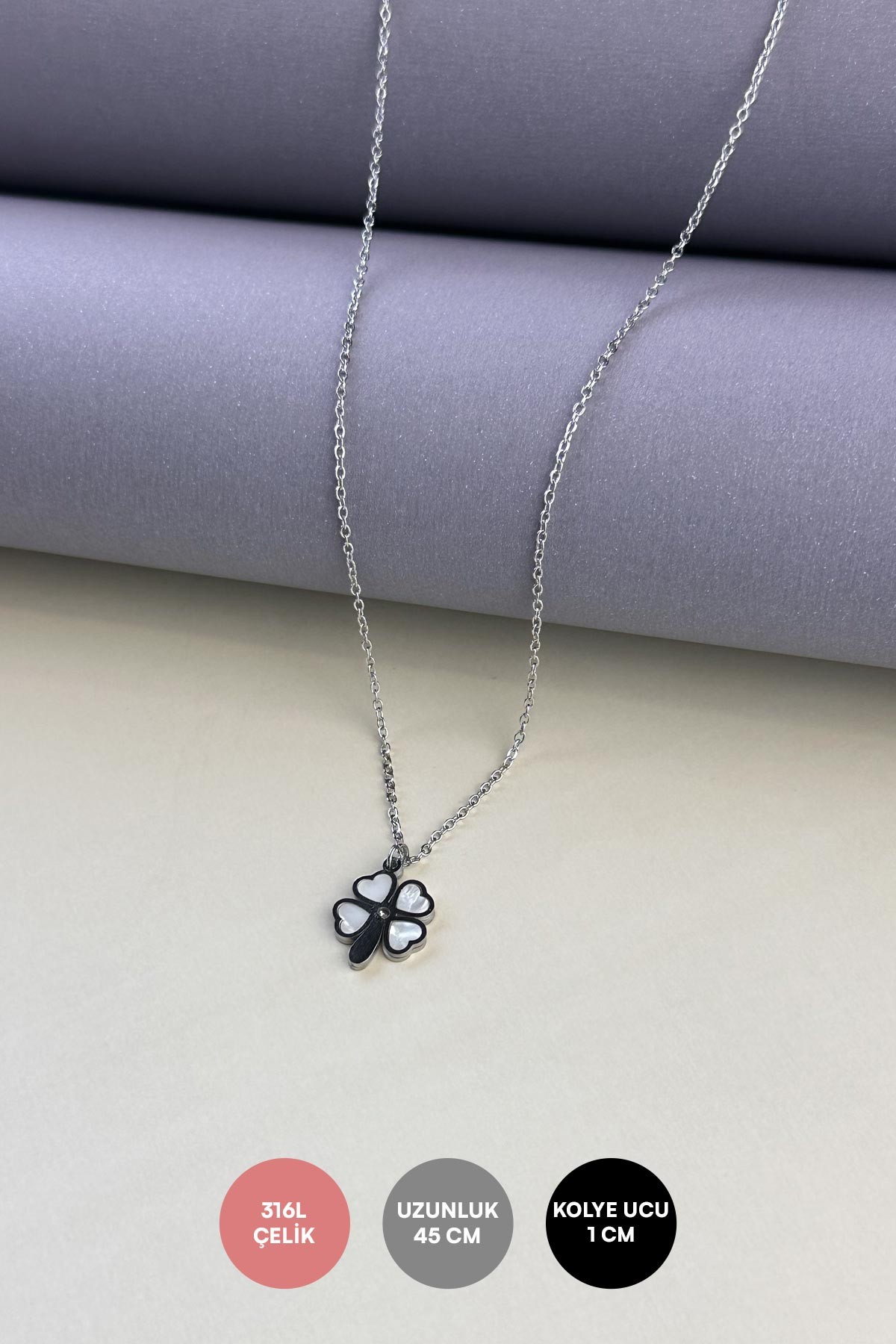 Silver Minimal Zincir Beyaz Sedefli Kalp Yapraklı Yonca Sallantılı Çelik Kolye 45 cm AKL3784