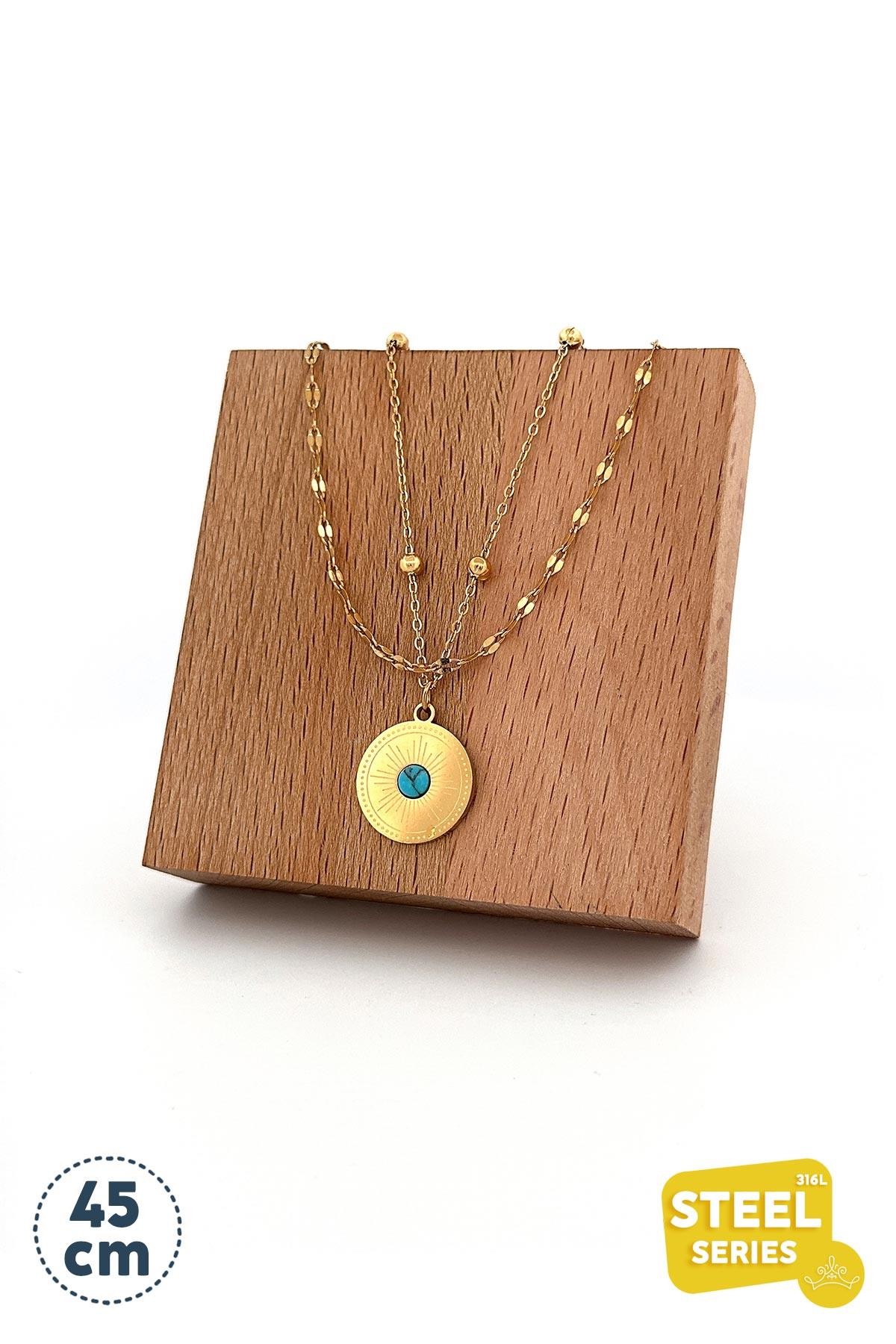 Çift Zincir Gold Deira Çelik Kolye 45 Cm AKL1396