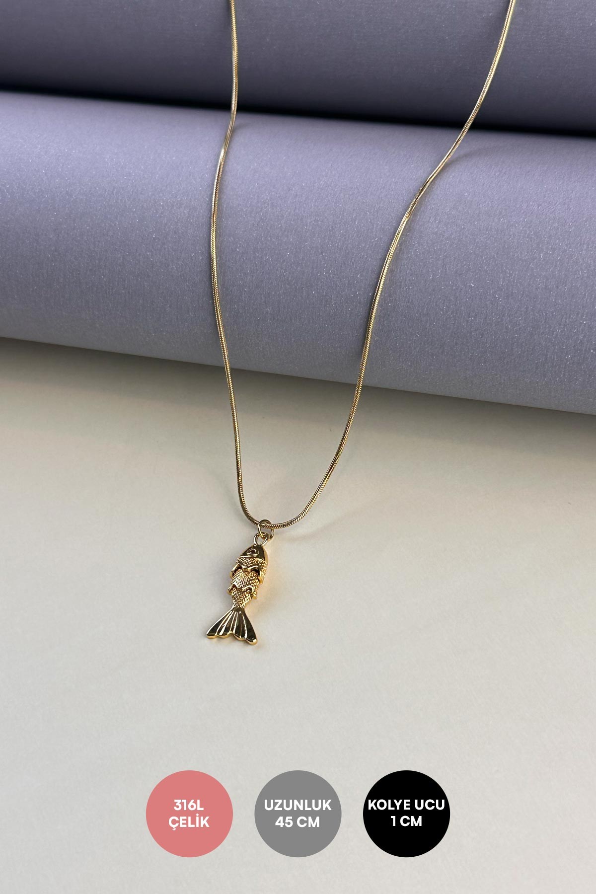 Gold Minimal Boru Zincir Zirkon Göz Balık Tasarım Çelik Kolye 45 cm AKL3860