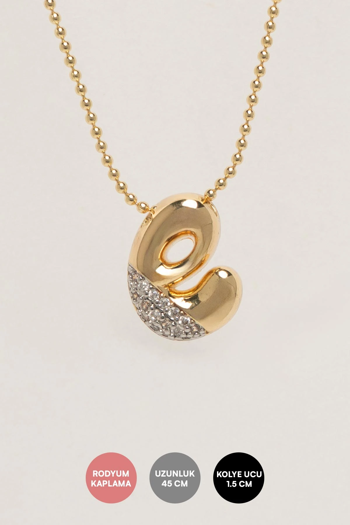 Gold Minimal Topçuk Zincir Zirkon Detay E Harf 45cm Luxury Kolye AKL4436