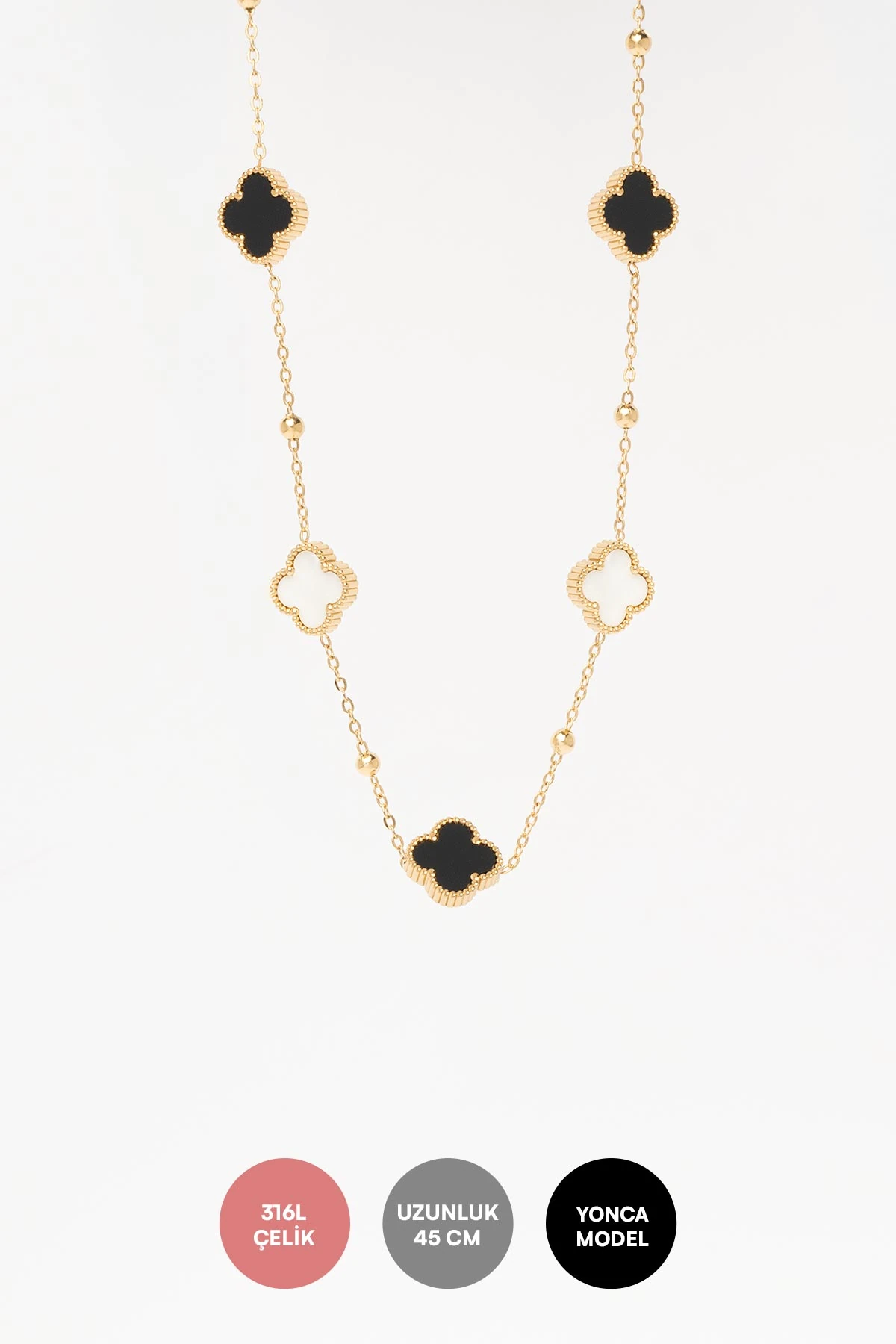 Gold Minimal Zincir Topçuklu Lazer Kesim Siyah Beyaz Dört Yaprak Yonca 45cm Çelik Kolye AKL4378