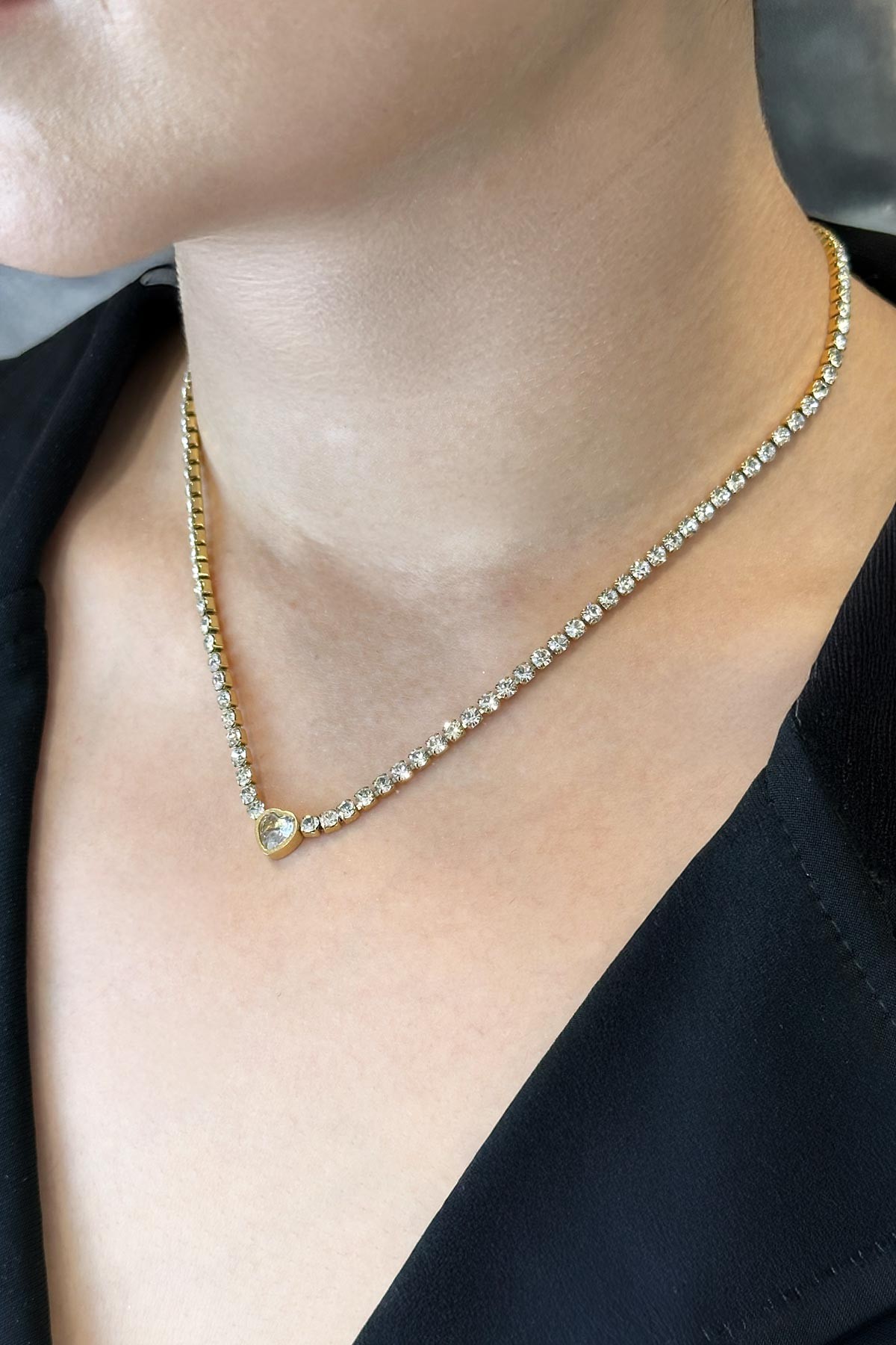 Silver Suyolu Tasarım Kristal Kalp Çelik Kolye 45 Cm AKL3726