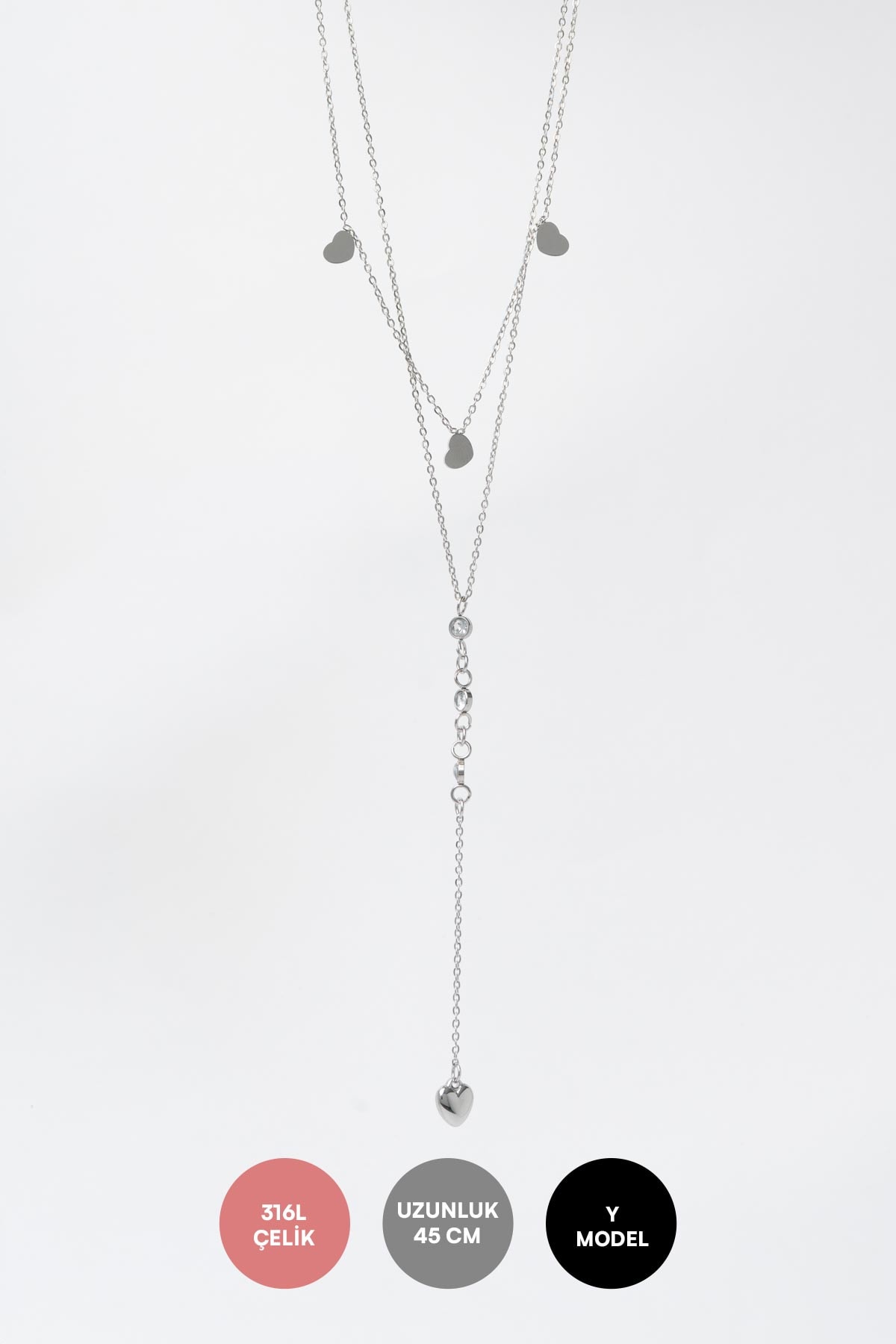 Silver Basic Çift Zincir Y Tasarım Minimal Kalp Sallantılı 45cm Çelik Kolye AKL4162