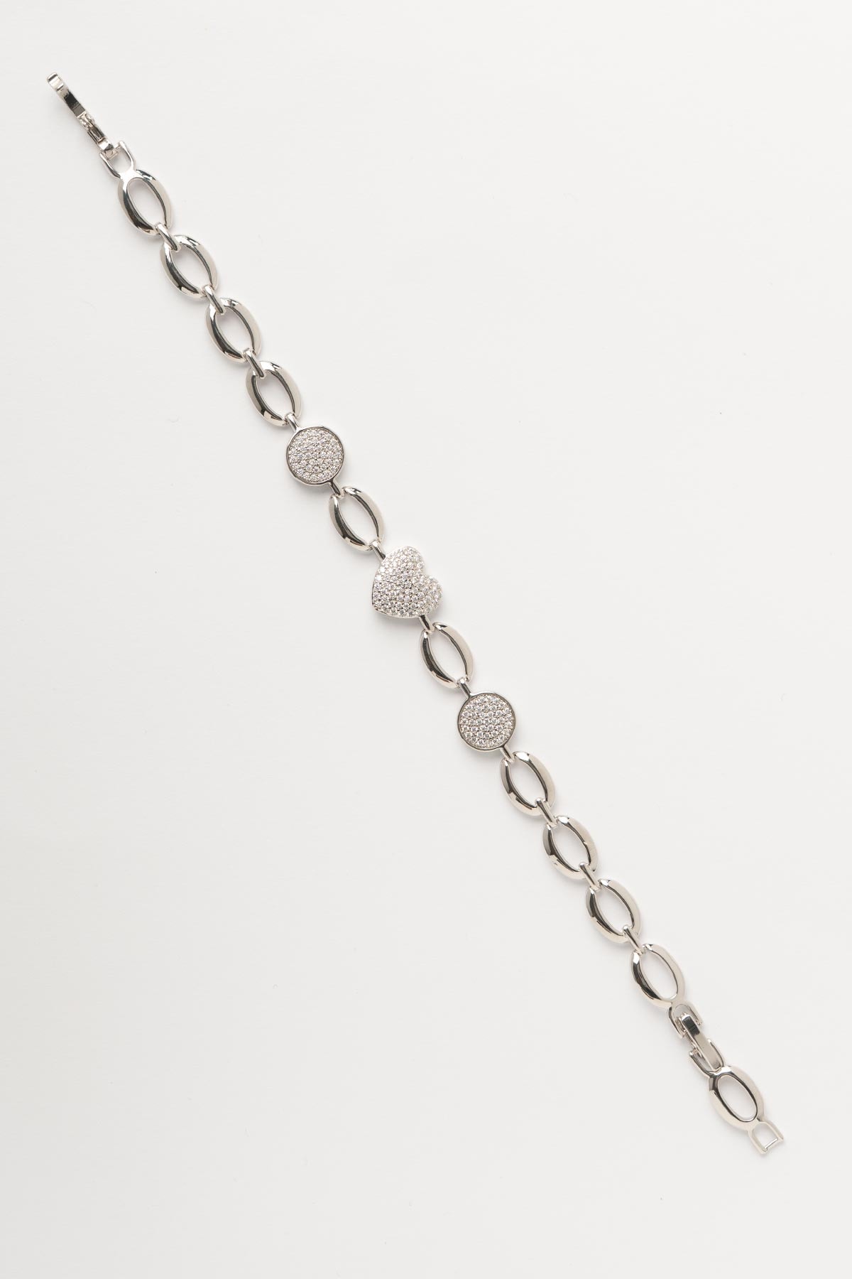 Silver Zirkon Detay Kalp Ve Daire Figürlü Zincir Tasarım Luxury Bileklik ABL7531