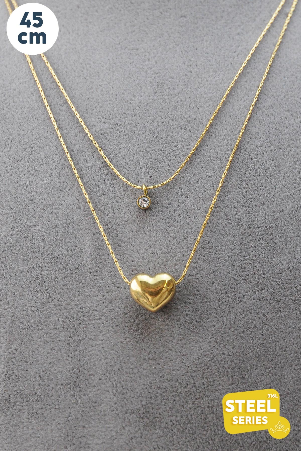 Gold Minimal Çift Zincir Kalp Ve Tektaş Sallantılı 45cm Çelik Kolye AKL2649