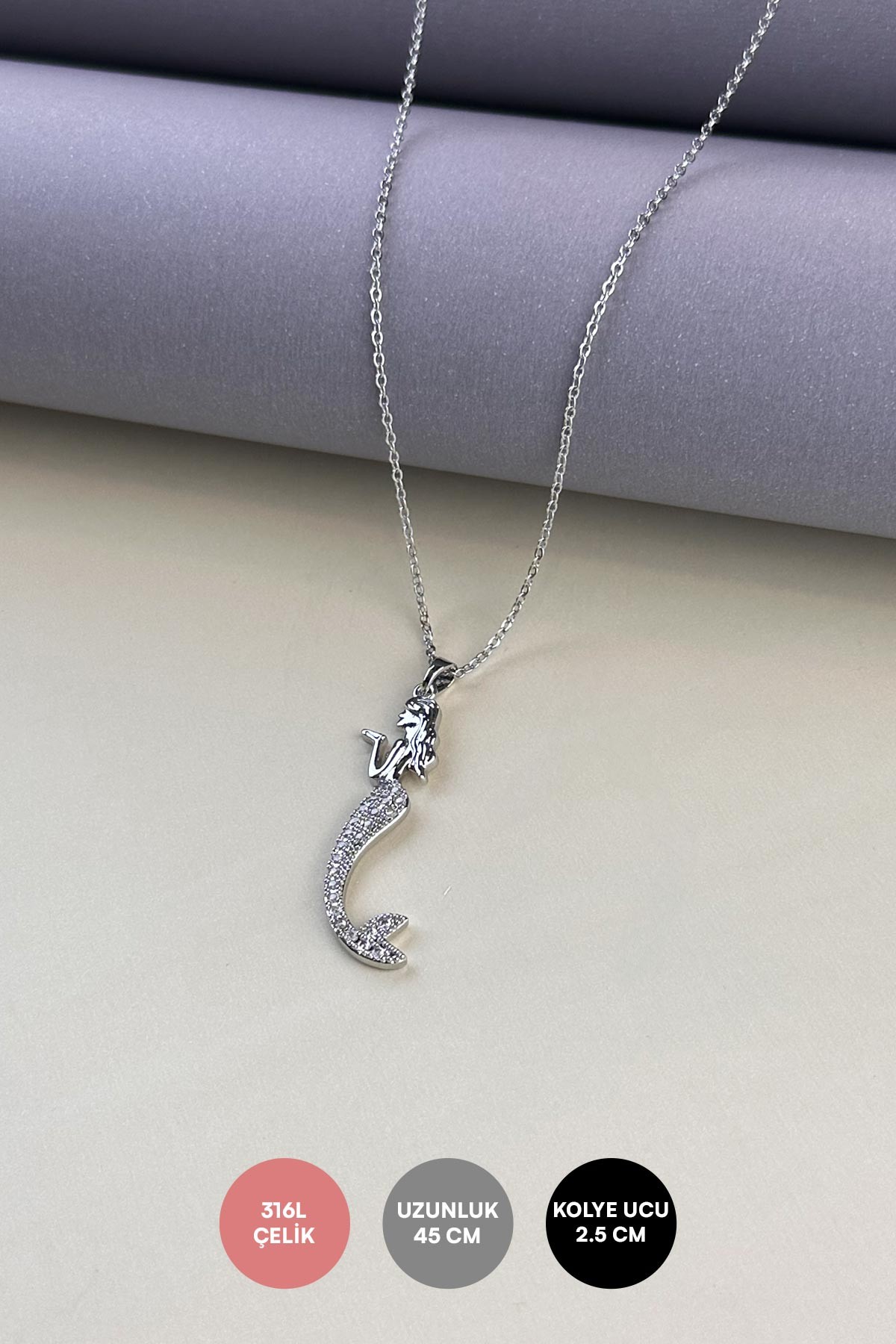 Silver Minmal Zincir Tasarım Zirkon Kuyruklu Deniz Yıldızı Çelik Kolye 45 cm AKL3892