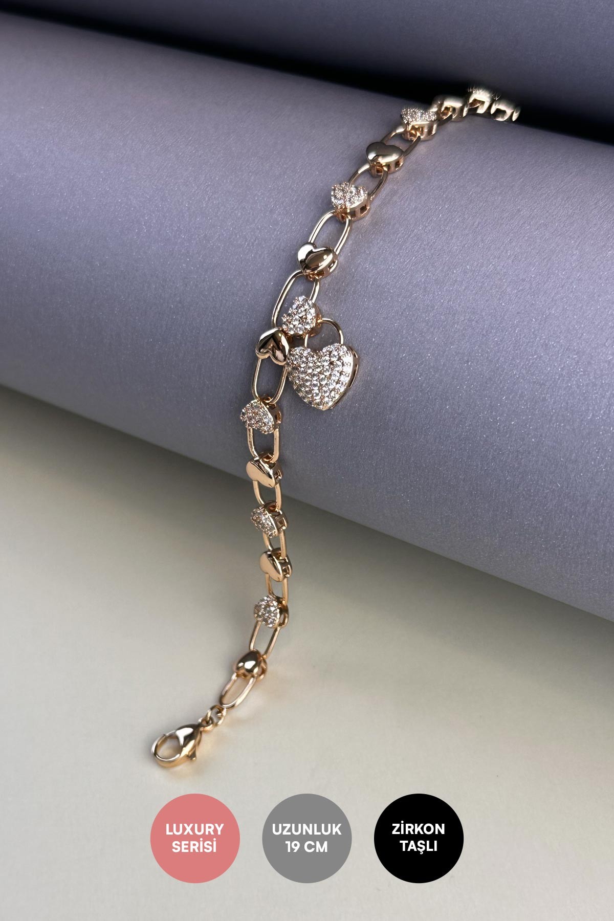 Sıra Gold Kalpler Ve Zirkon Kalp Sallantılı Luxury Bileklik ABL7200