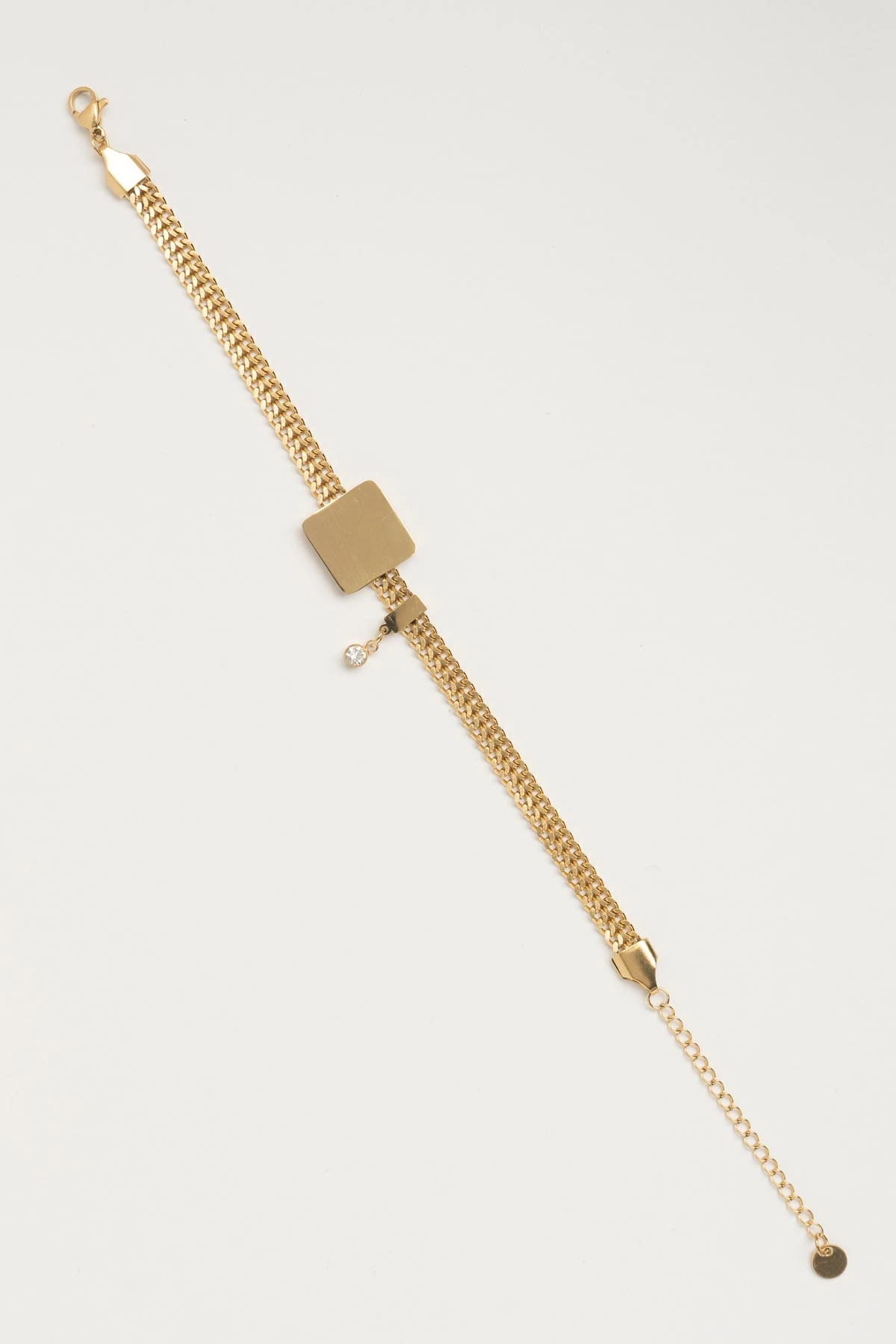 Gold Yassı Zincir Tasarım Kare Plaka Ve Tektaş Sallantılı Çelik Bileklik ABL6699