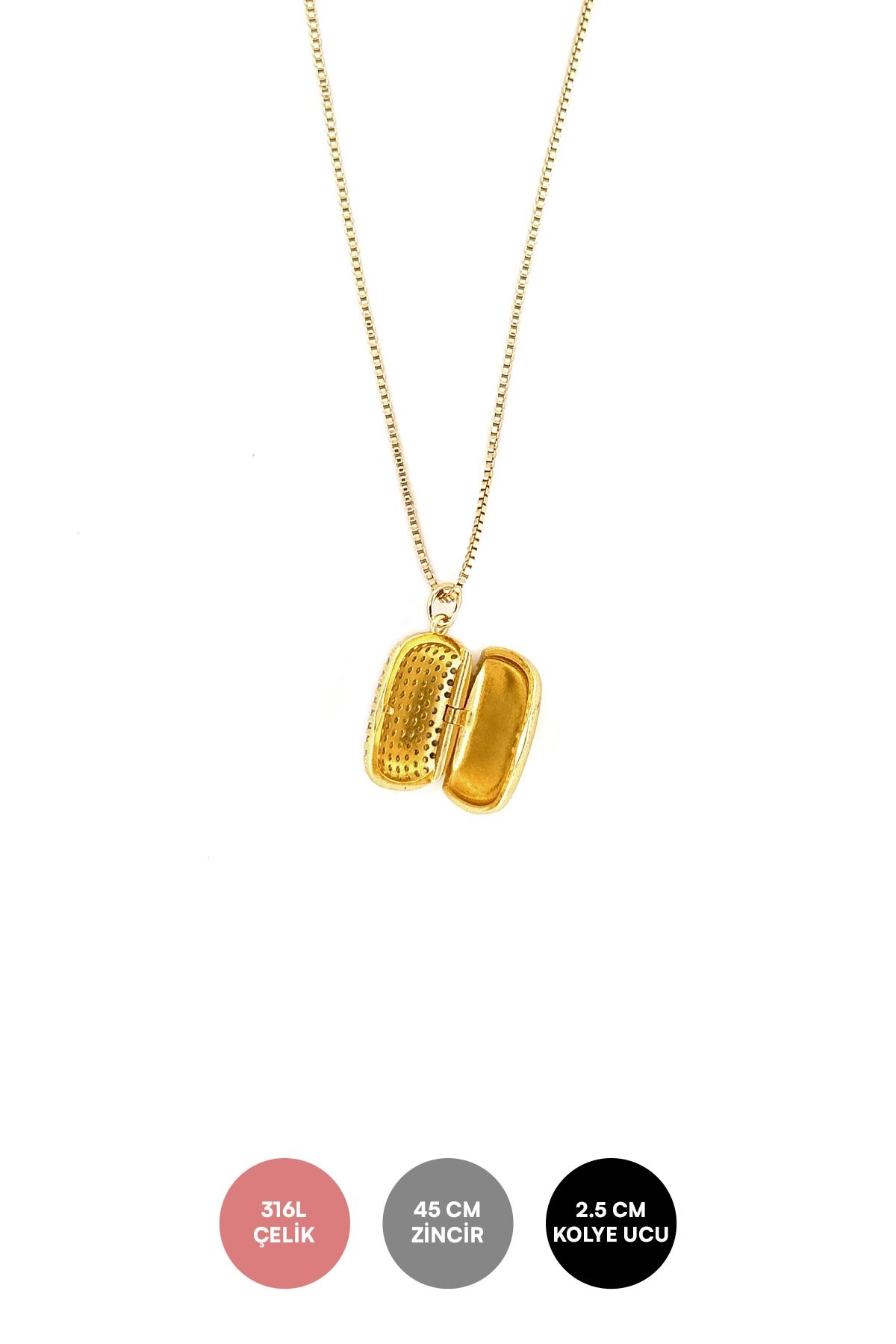 Gold Açılabilir Zirkon Kapaklı Oval Dikdörtgen Çelik Kolye 45 cm AKL3825