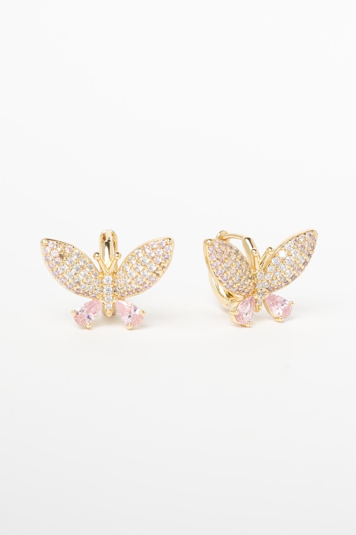 Gold Zirkon Taş Detay Pembe Kristal Taşlı Kelebek Luxury Küpe AKE9398