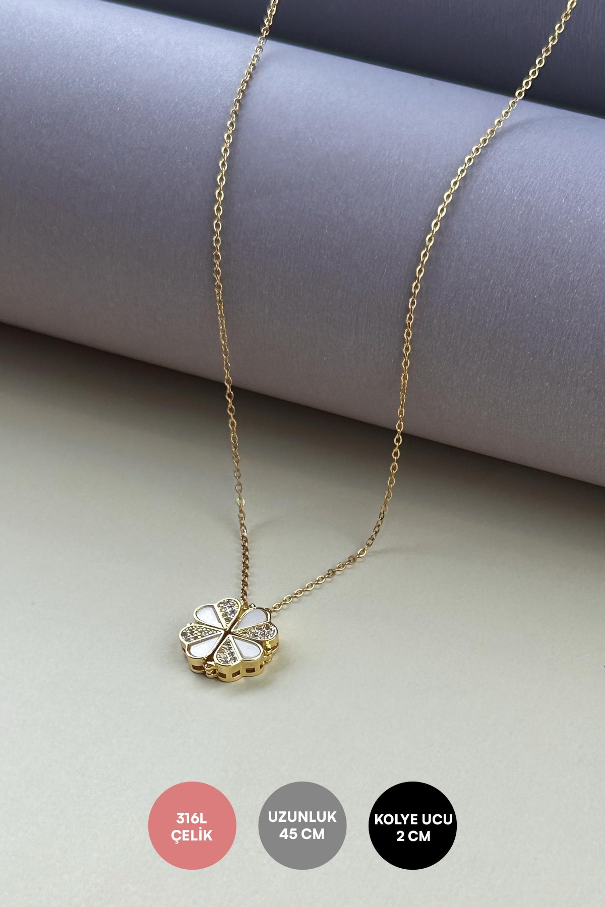Gold Minimal Zincir Zirkon Ve Sedef Detay Kalp Tasarım Yonca Çelik Kolye 45 cm AKL4023