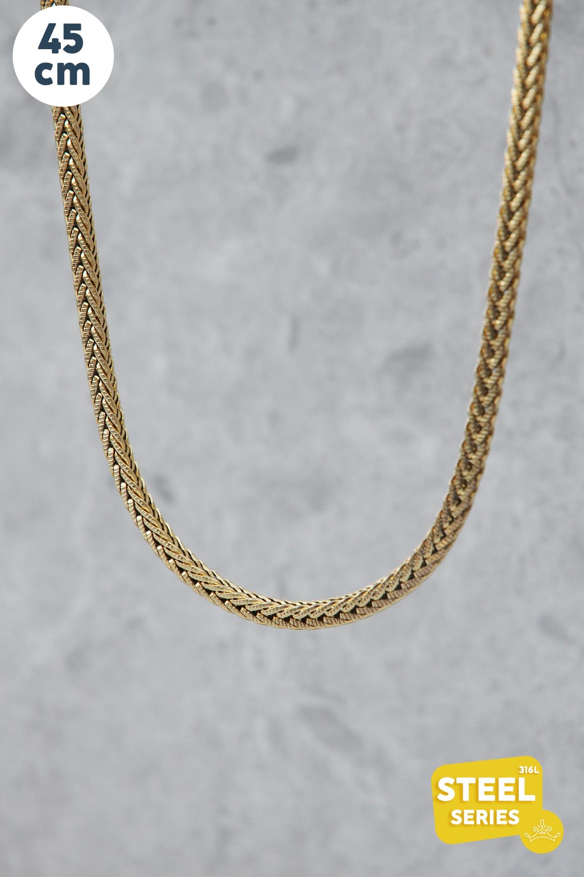 Gold Kalın Örgü Zincir 45cm Çelik Kolye AKL2636