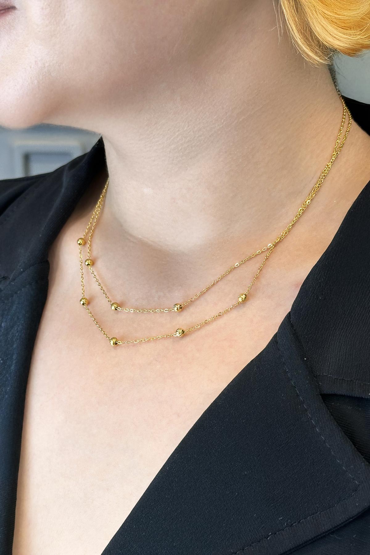 Gold Minimal Çift Zincir Tasarım Lazer Kesim Topçuk Detay Çelik Kolye 45 cm AKL3592