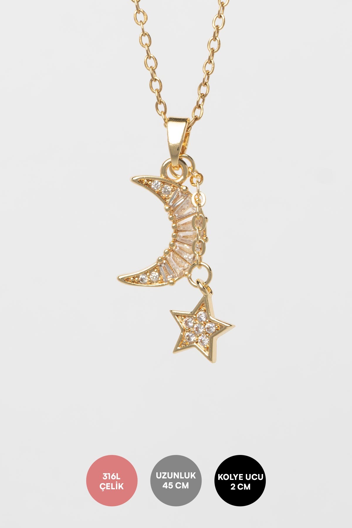 Gold Minimal Zincir Baget Detay Ay Ve Zirkon Detay Yıldız Sallantılı Çelik Kolye 45 cm AKL4068