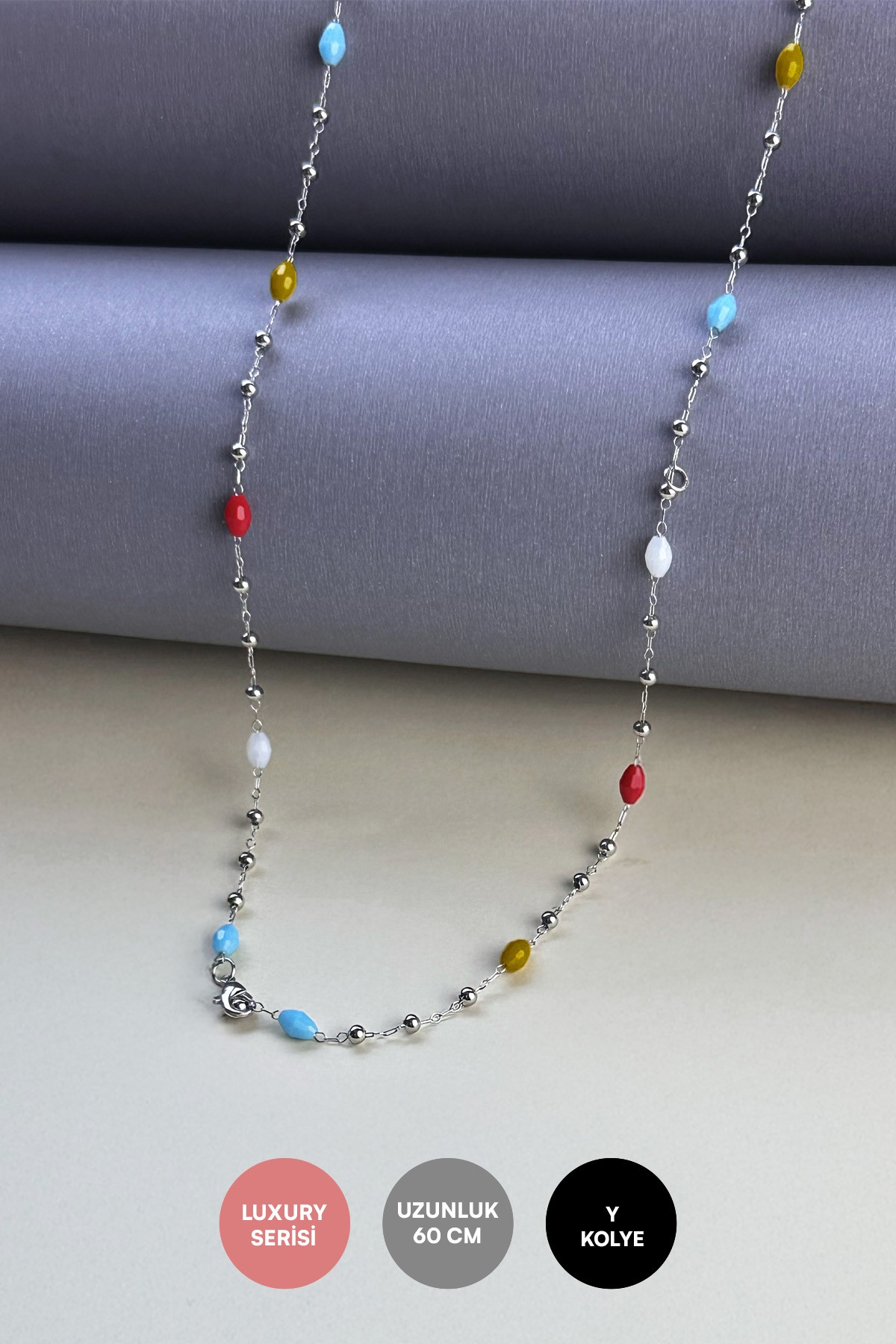Silver Minimal Topçuk Zincir Renkli Boncuk Sıralı Y Tasarım Luxury Kolye AKL3973