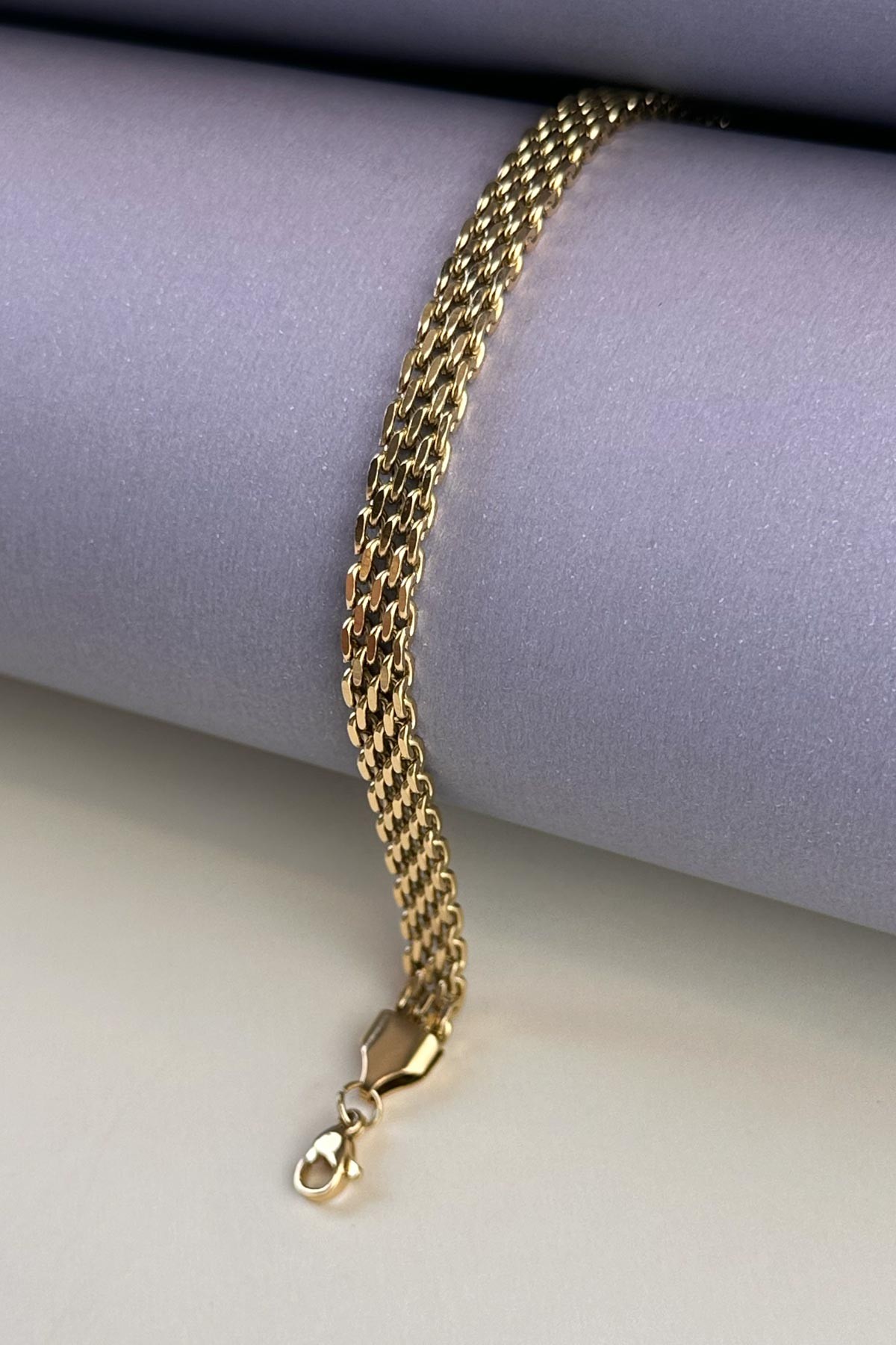 Gold Beşli Sıra Hasır Zincir Tasarım Çelik Bileklik ABL7054