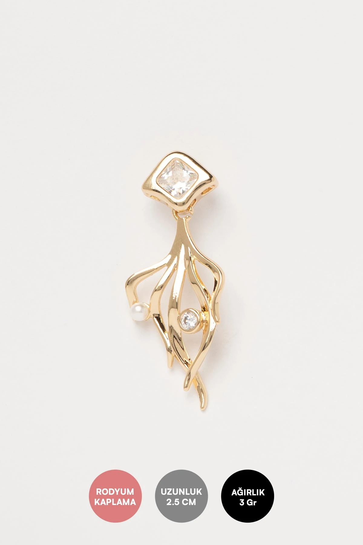 Gold Modern Dal Desenli Taş Ve İnci Detay Luxury Küpe AKE9396