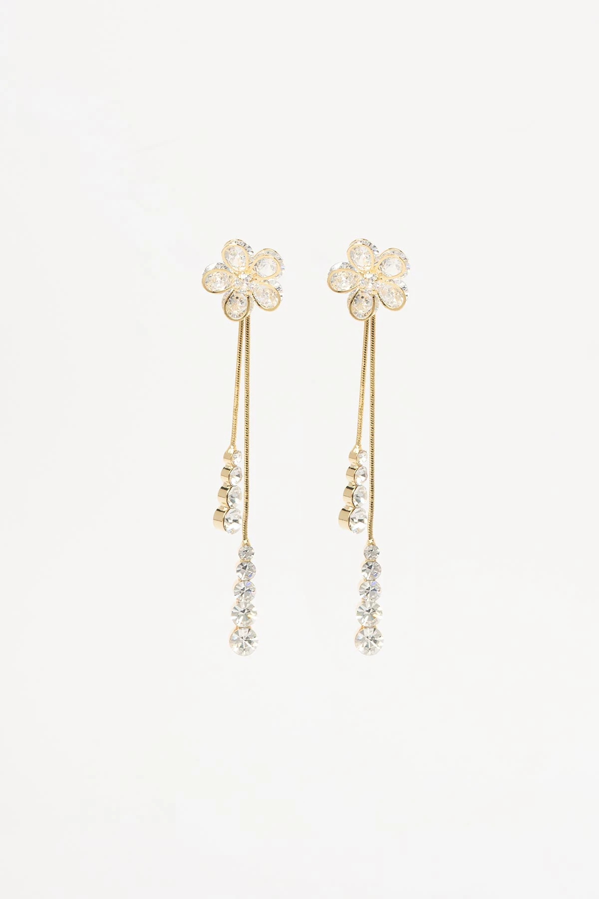 Gold 14K Kristal Papatya Boru Zincir Sallantılı Taşlar Glory Küpe AKE9557