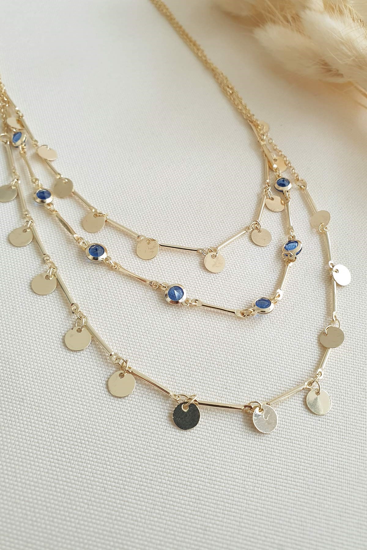 Pullu Blue Eyes Üçlü Sallantılı Gold Kolye 60 Cm Akl1088