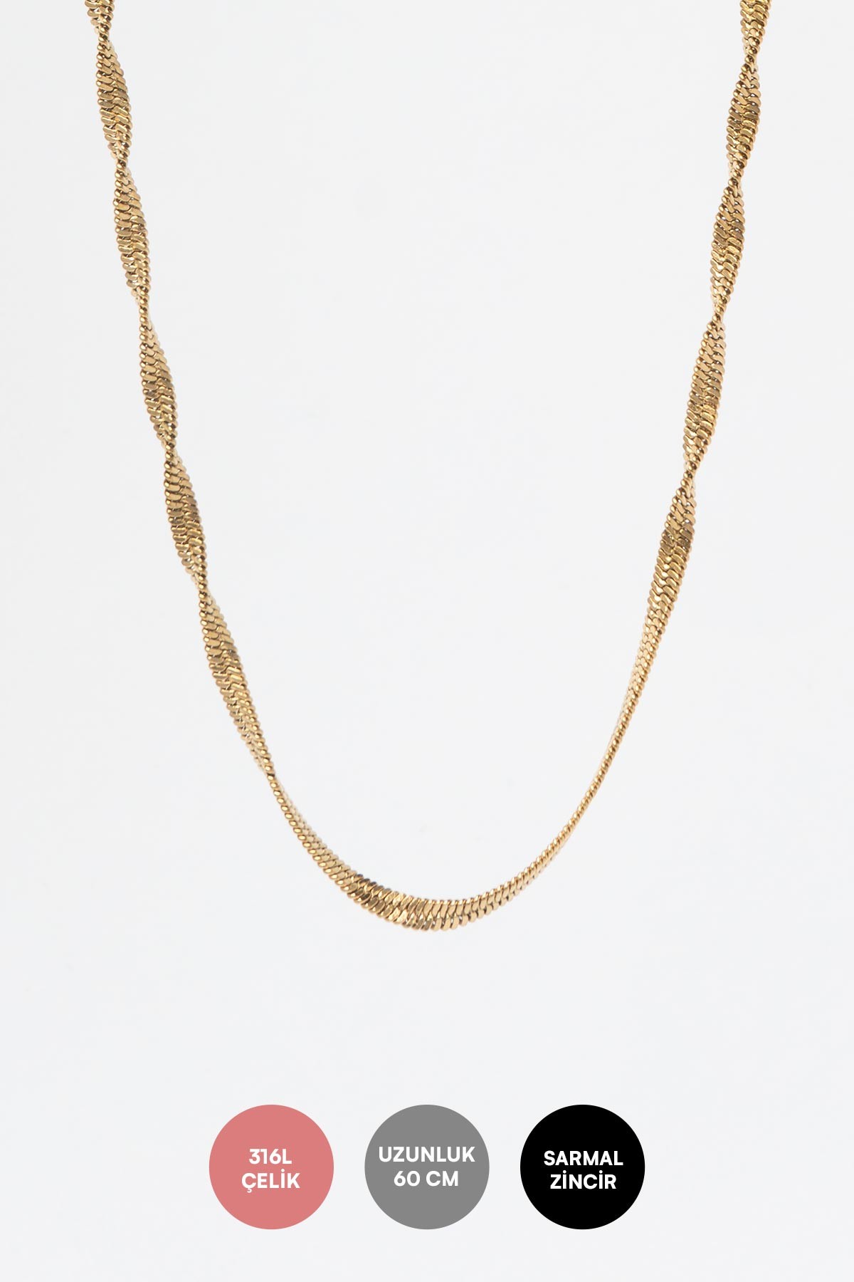 Gold Parlak Slim Burgu Zincir 60cm Çelik Kolye AKL4203