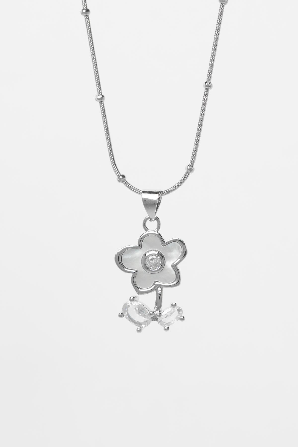 Silver Minimal Topçuklu Kristal Taş Detay Sedefli Çiçek Tasarım Çelik Kolye 45 cm AKL3891