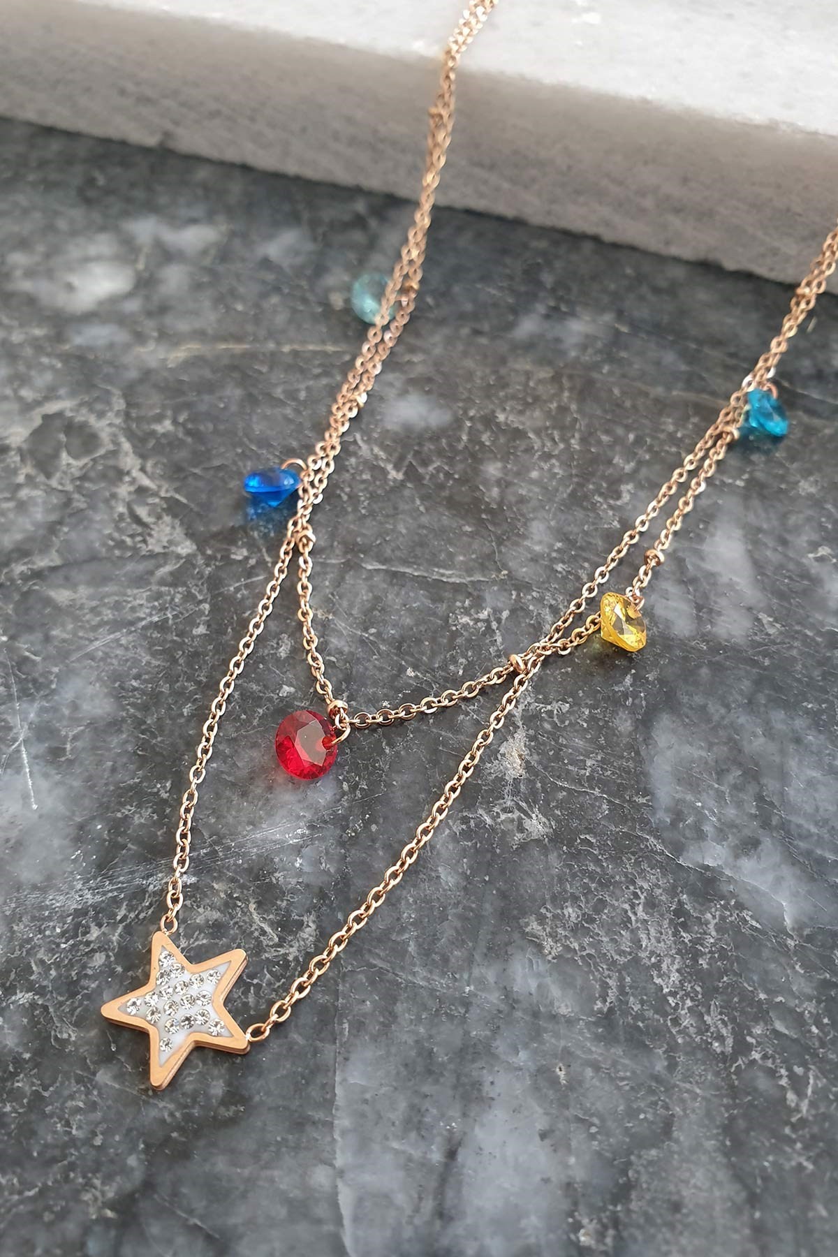 Çift Zincir Rainbow Star Çelik Kolye 45 Cm Akl1063