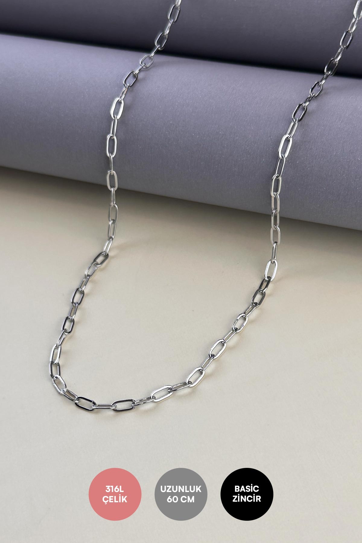 Silver Casual Ataç Zincir Çelik Kolye 60 Cm AKL3541