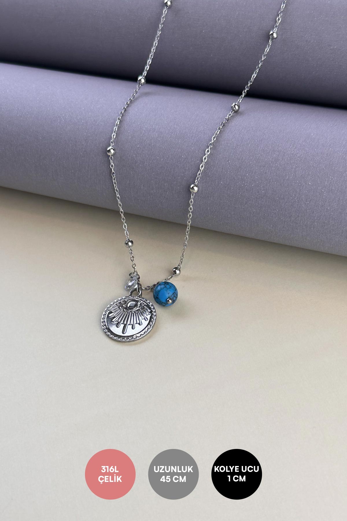 Silver Topçuklu Minimal Zincir Kristal Taş Ve Firuze Detay Daire Tasarım Çelik Kolye 45 cm AKL3899