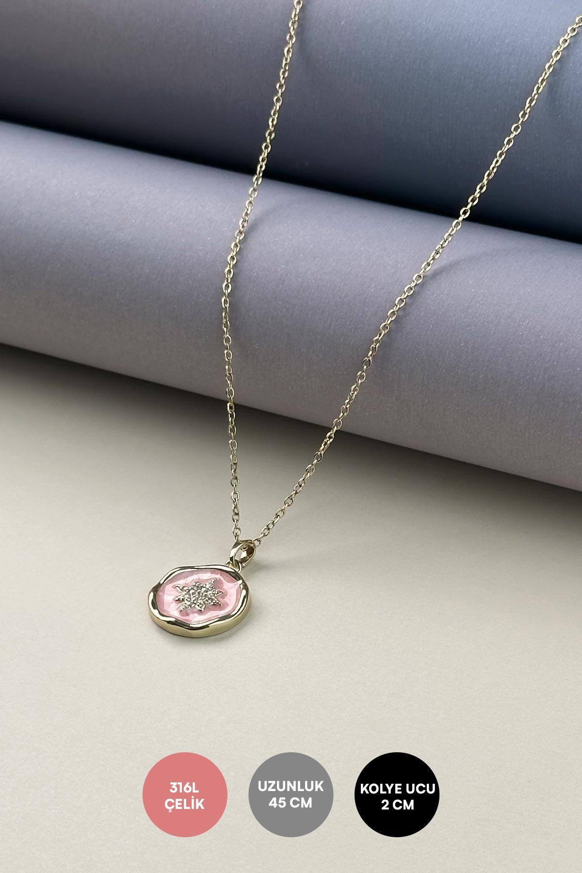 Gold Minimal Zincir Pembe Mineli Zirkon Detay Kuzey Yıldızı Madalyon Tasarım Çelik Kolye AKL4029