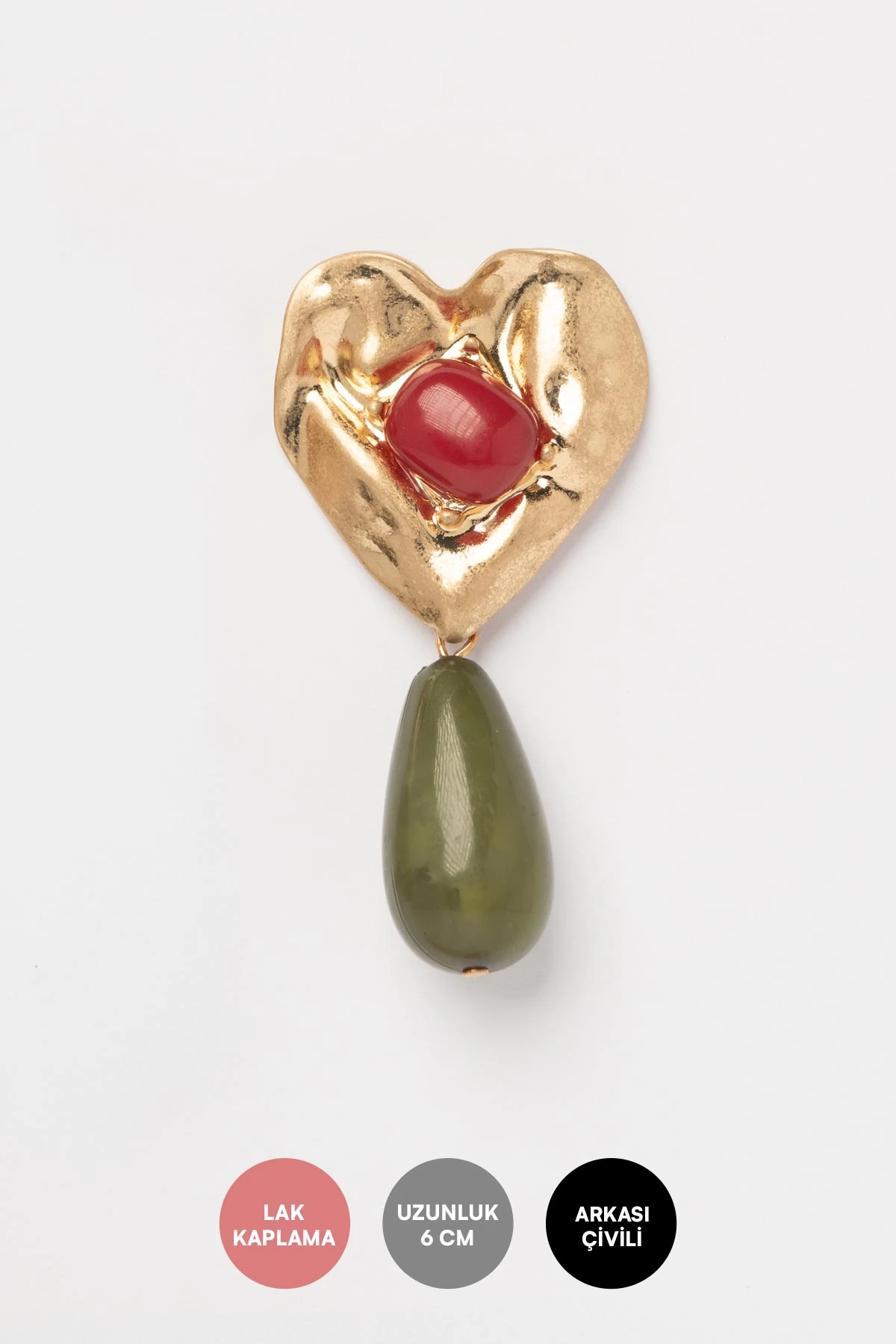 Gold Kalp Kahverengi Taş Detay Yeşil Boncuk Sallantılı Stefany Küpe AKE9569