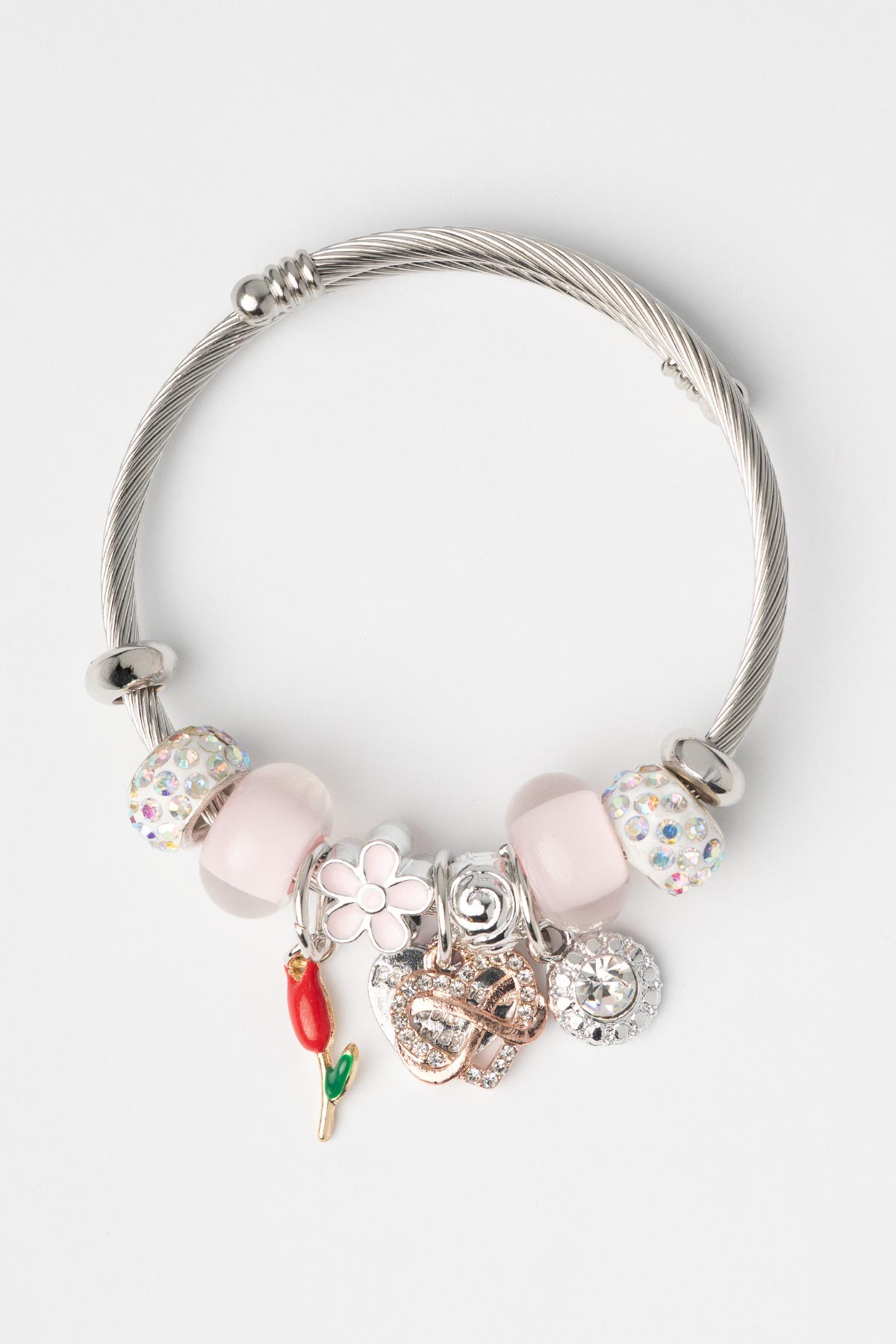 Zirkon Kenarlı Kalp Pembe Sonsuz İşareti Pembe Çiçek Charm Sallantılı Bileklik ABL7364