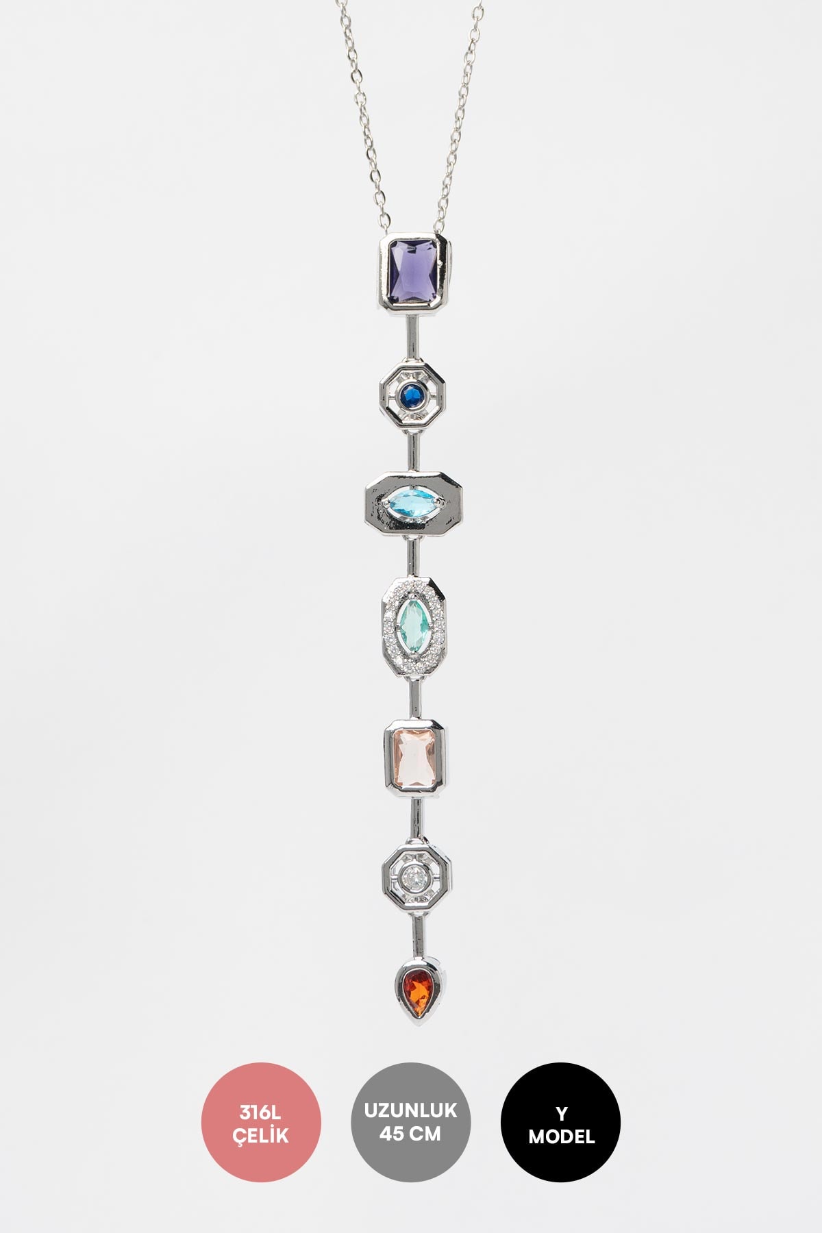 Silver Minimal Zincir Renkli Kristal Karma Şekilli Taş Sallantılı Çelik Kolye 60 cm AKL4160