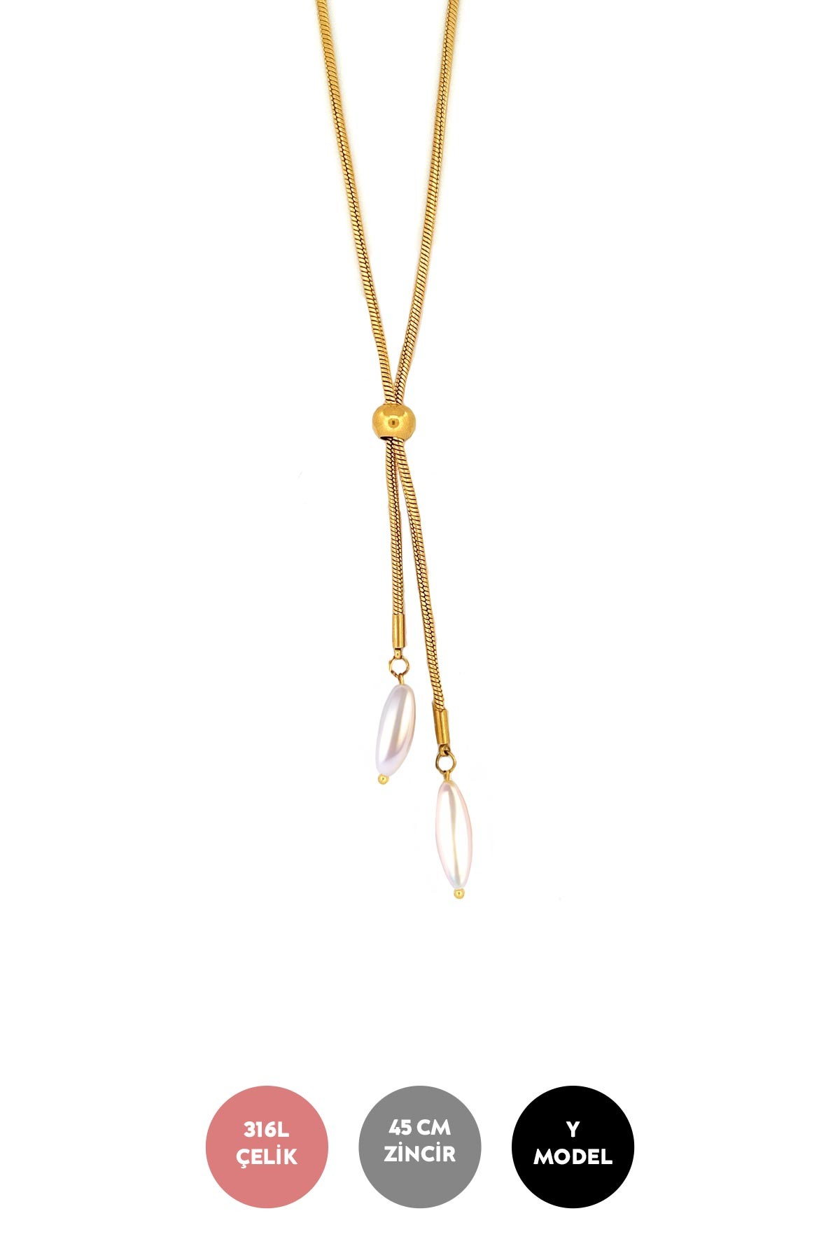 Gold Boru Zincir İnci Salkımlı Çelik Kolye 45 cm AKL3780