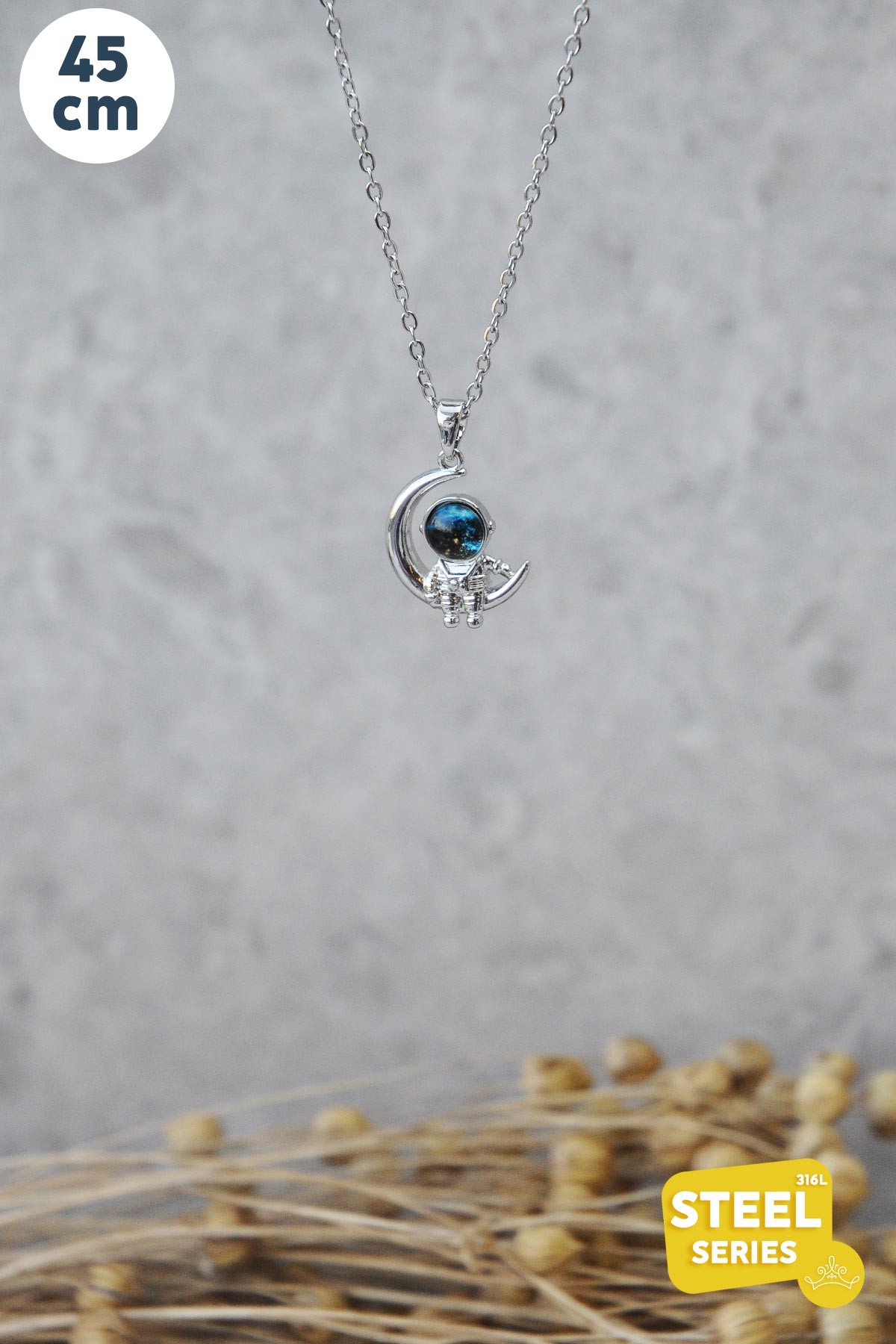 Silver Zincir Astranot Silver Ay Üzerinde 45cm Çelik Kolye AKL2631