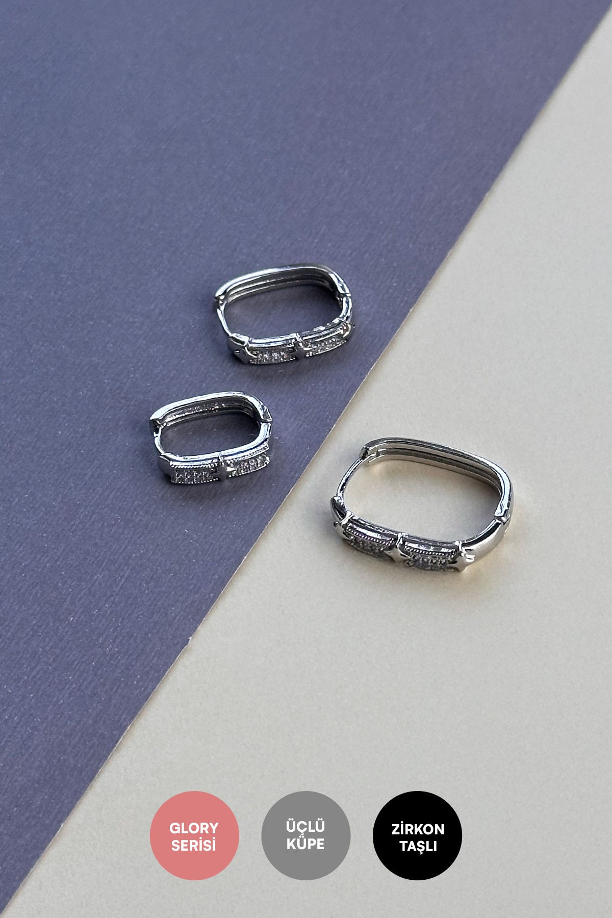Silver Zirkon Detay Yıldız Desen Uzun Halka Tasarım Çoklu Glory Küpe AKE9073