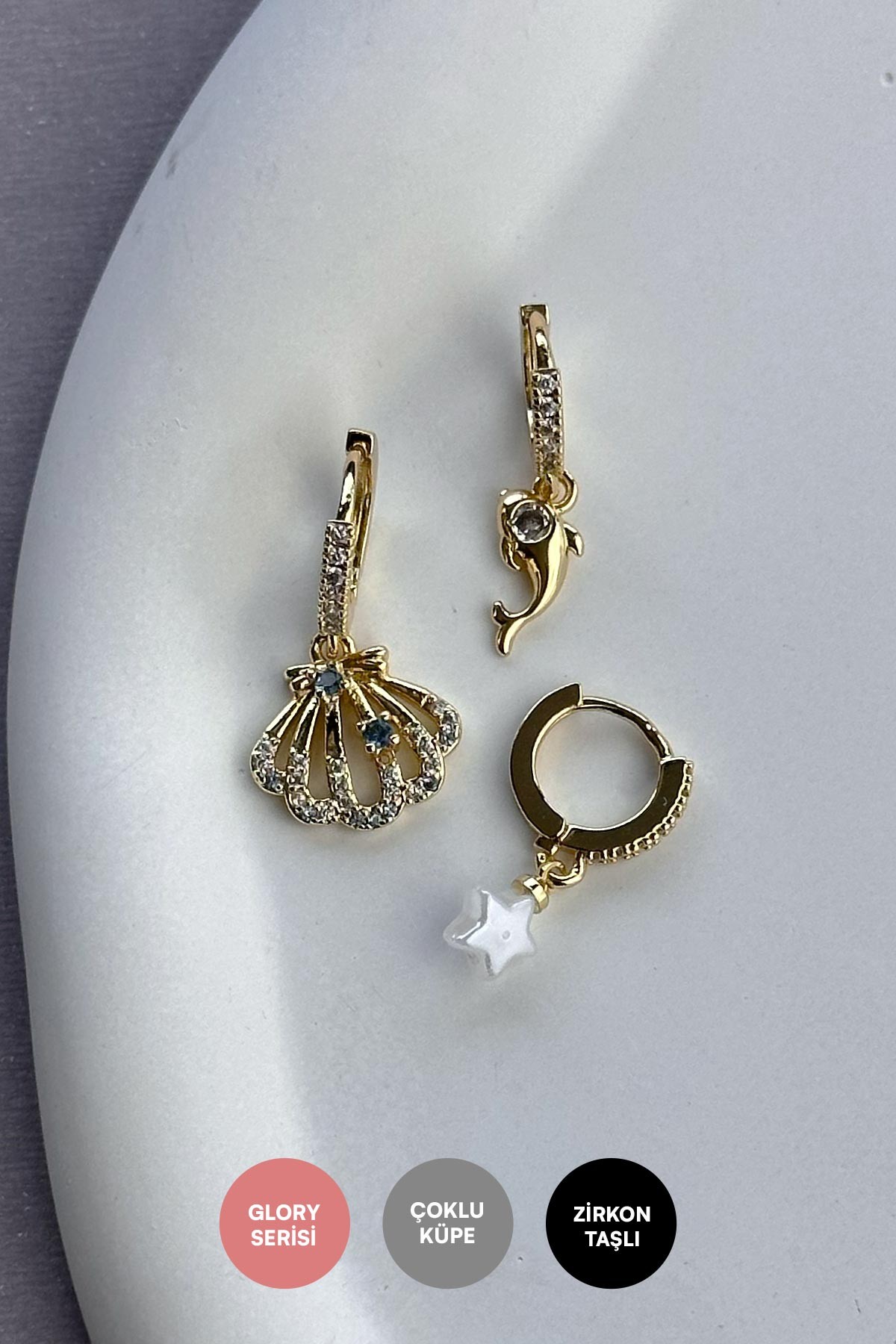 Gold Zirkon Detay Deniz Kabuğu Yunus Ve Beyaz Yıldız Sallantılı Çoklu Glory Küpe AKE9187