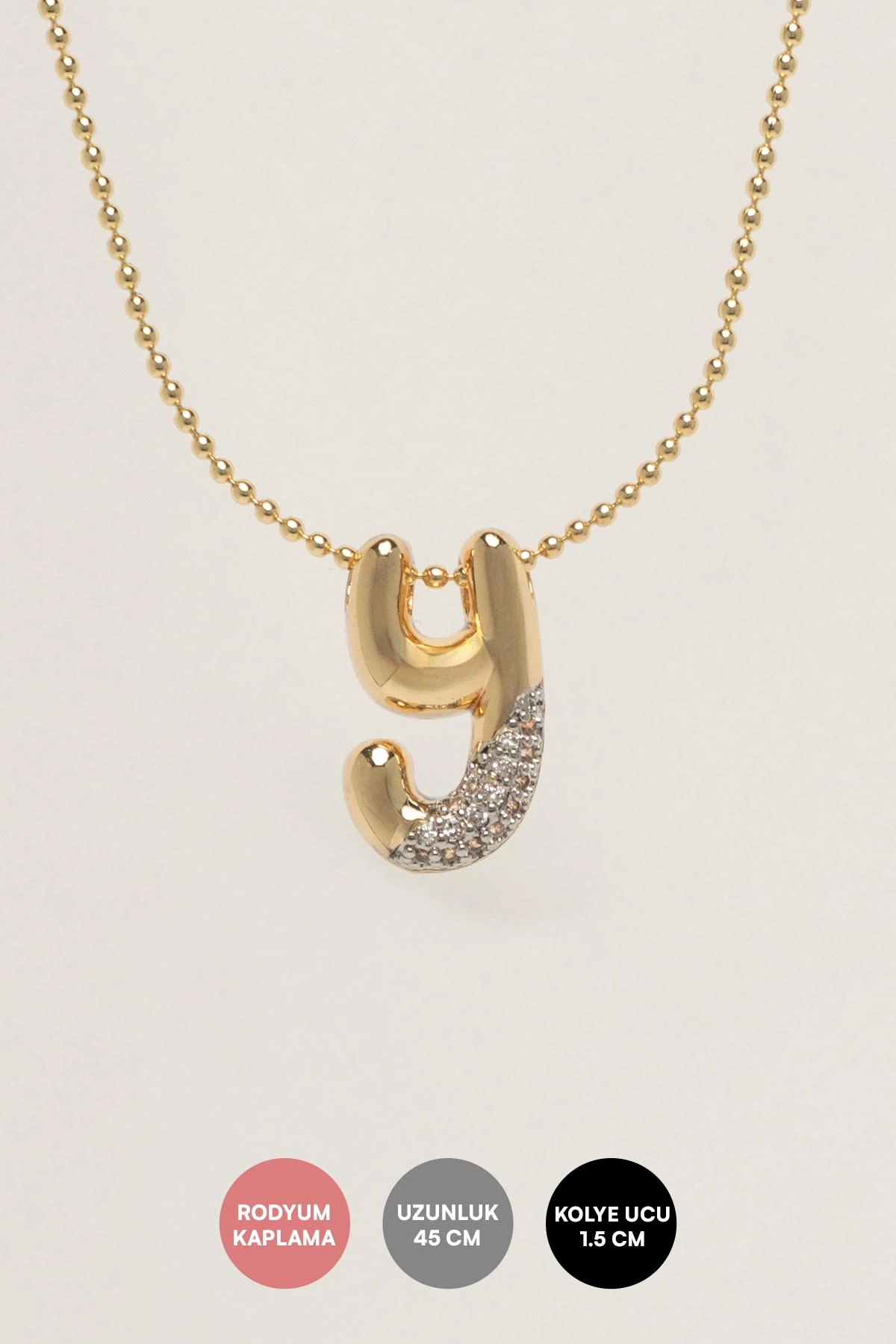 Gold Minimal Topçuk Zincir Zirkon Detay Y Harf 45cm Luxury Kolye AKL4446