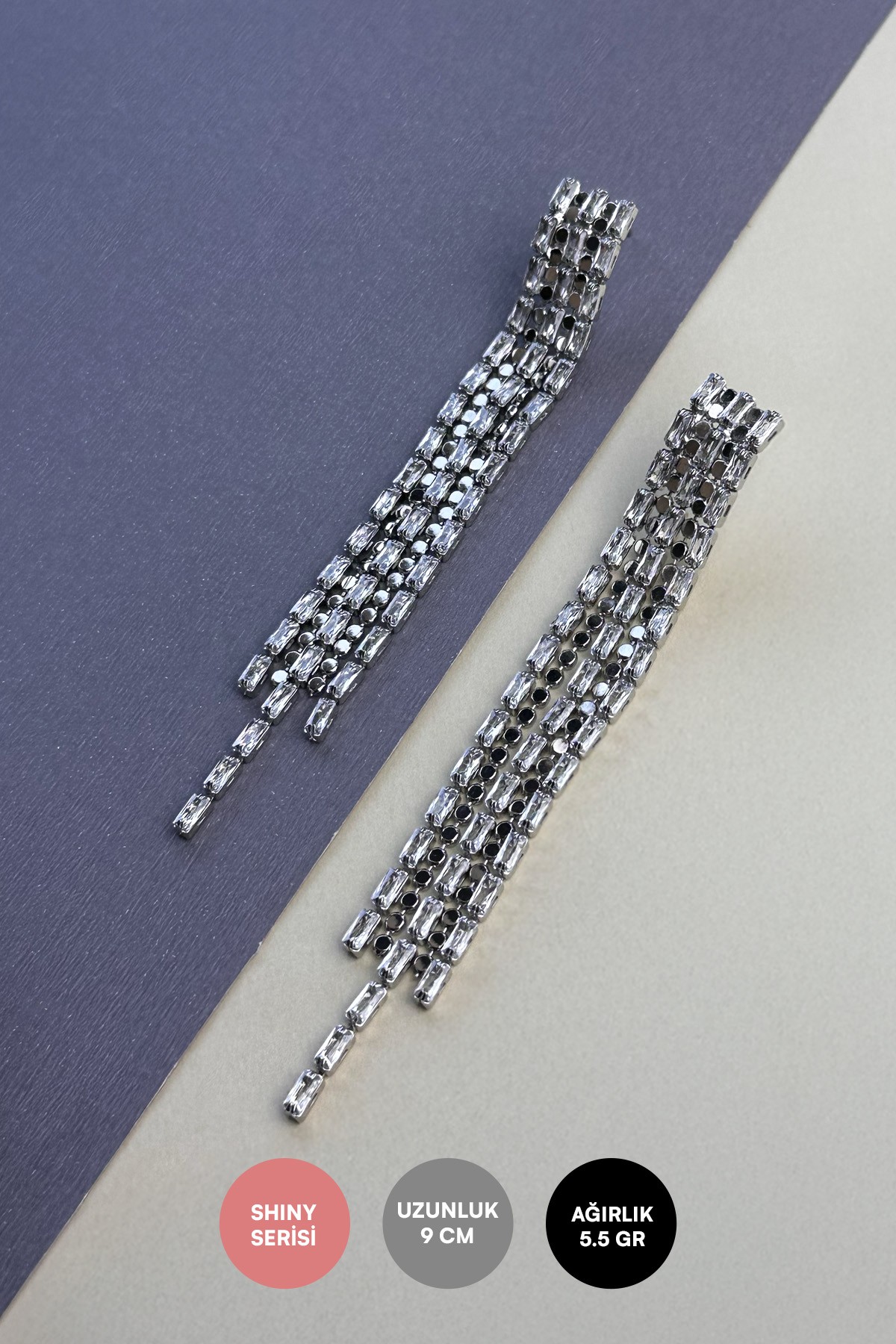 Silver Pul Ve Baget Sıra Taşlar Tasarım Şeritler Shiny Küpe AKE9058