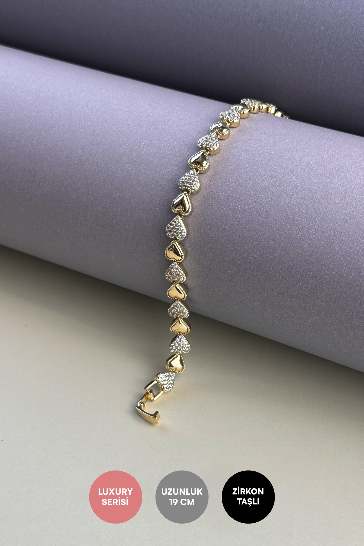 Sıra Gold Ve Zirkon Kalpler Luxury Bileklik ABL7201